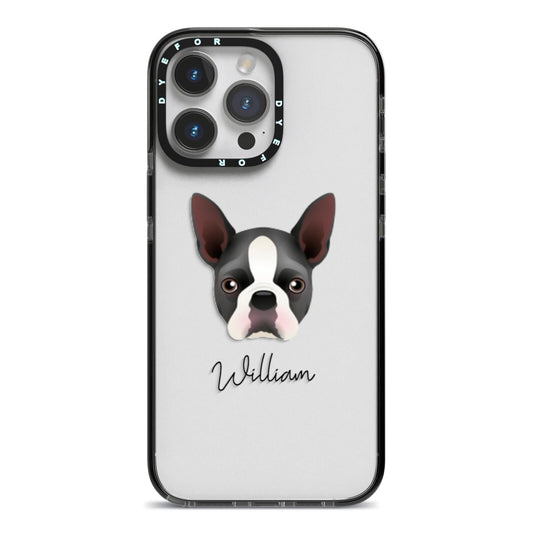 Boston Terrier Personalised iPhone 14 Pro Max Black Impact Case on Silver phone
