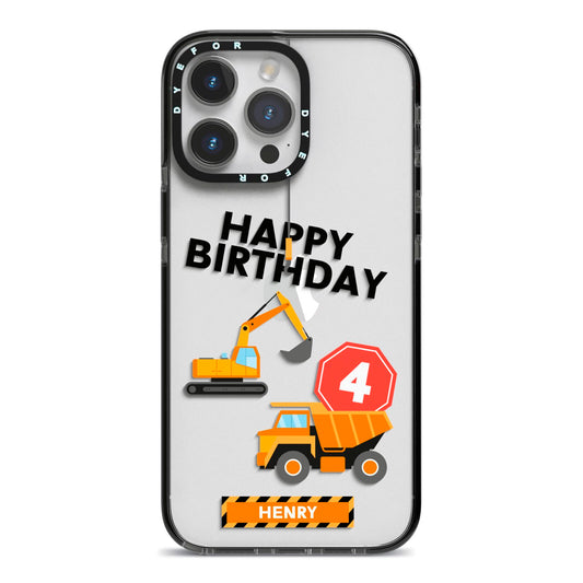 Boys Birthday Diggers Personalised iPhone 14 Pro Max Black Impact Case on Silver phone