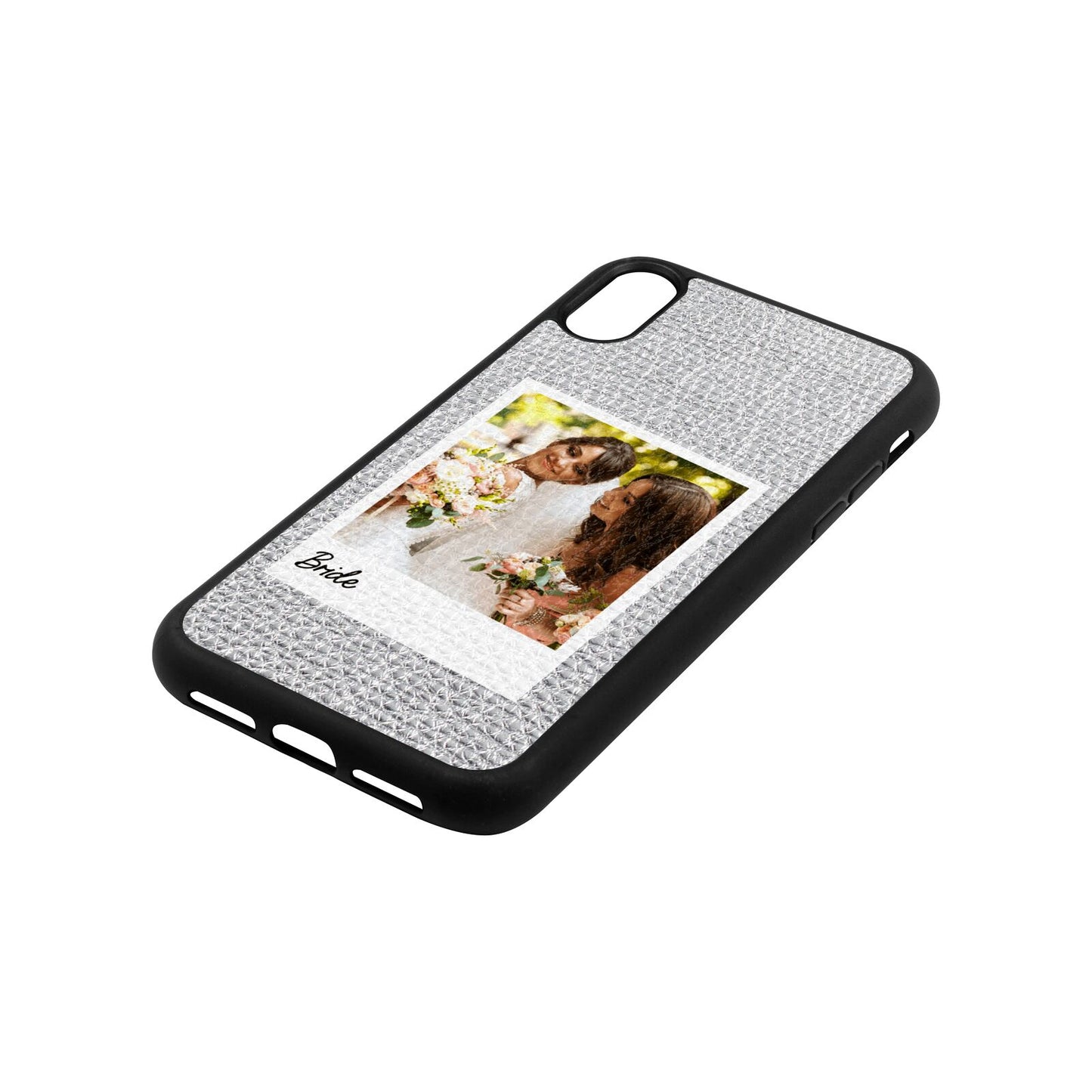 Bridal Photo Silver Pebble Leather iPhone Xr Case Side Angle