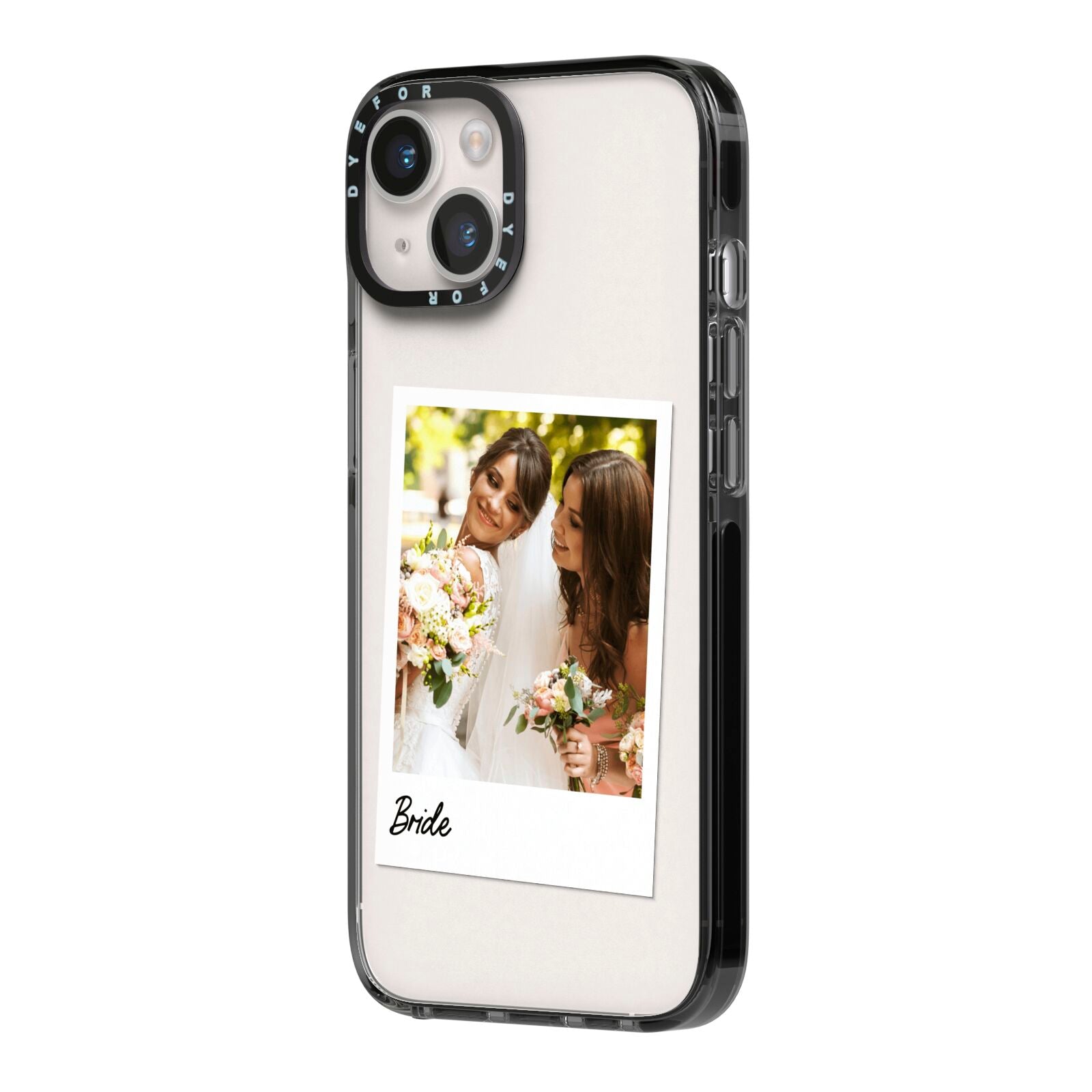 Bridal Photo iPhone 14 Black Impact Case Side Angle on Silver phone