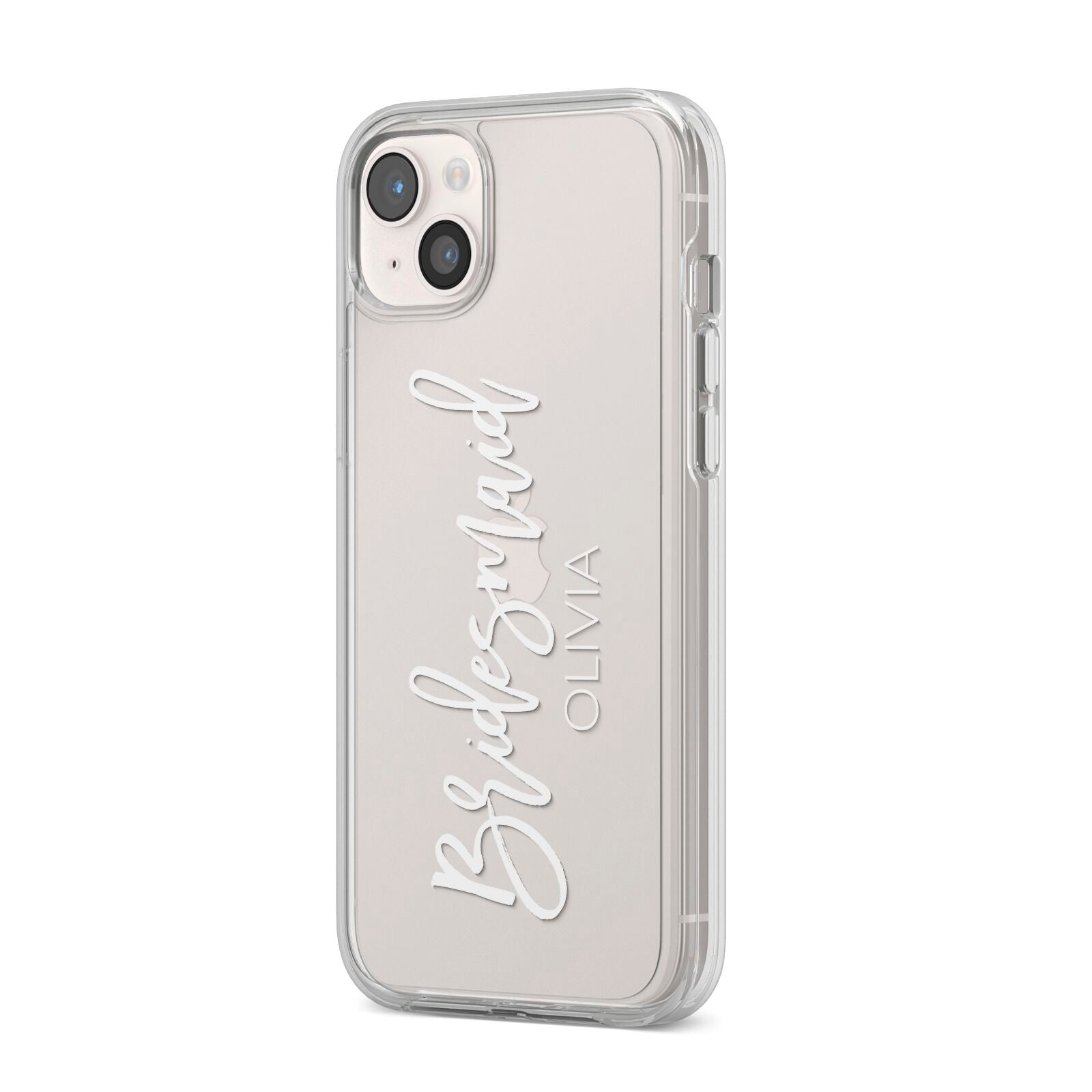 Bridesmaid Personalised iPhone 14 Plus Clear Tough Case Starlight Angled Image