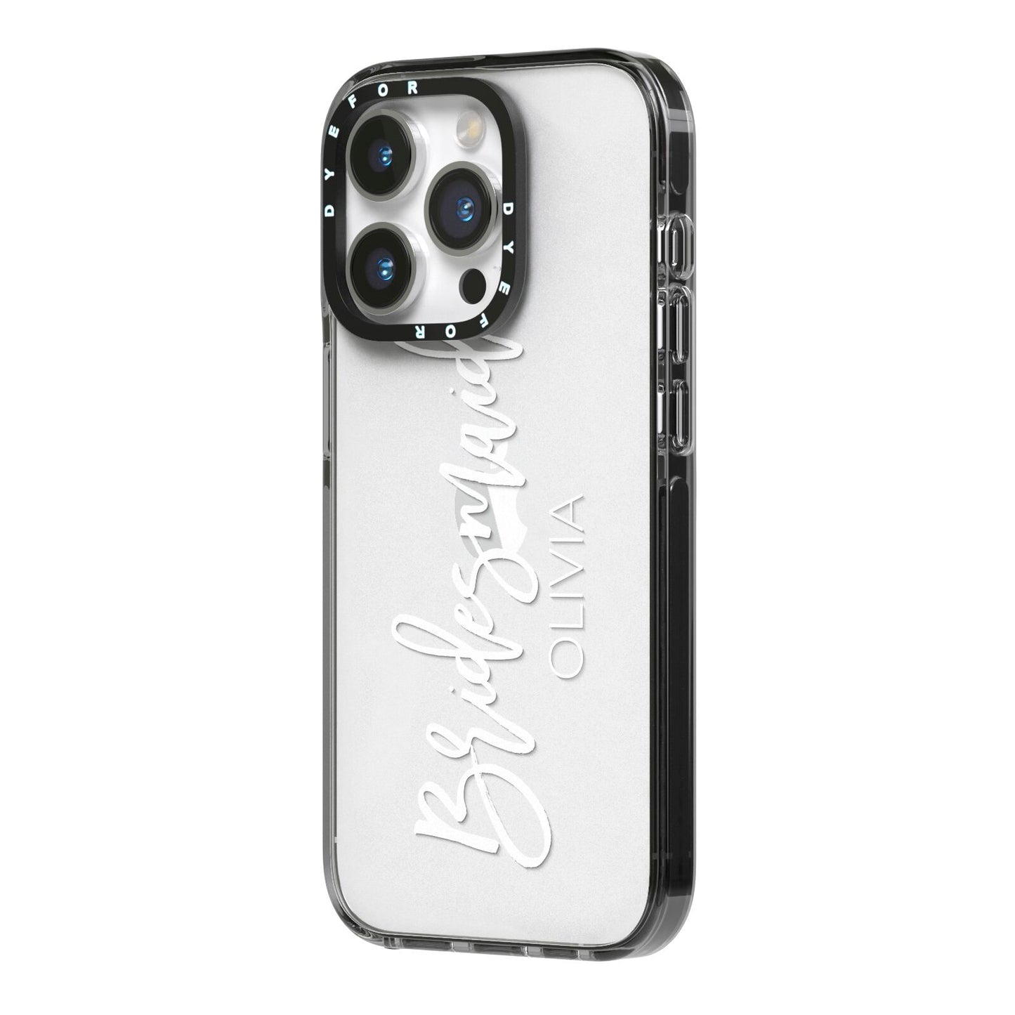 Bridesmaid Personalised iPhone 14 Pro Black Impact Case Side Angle on Silver phone