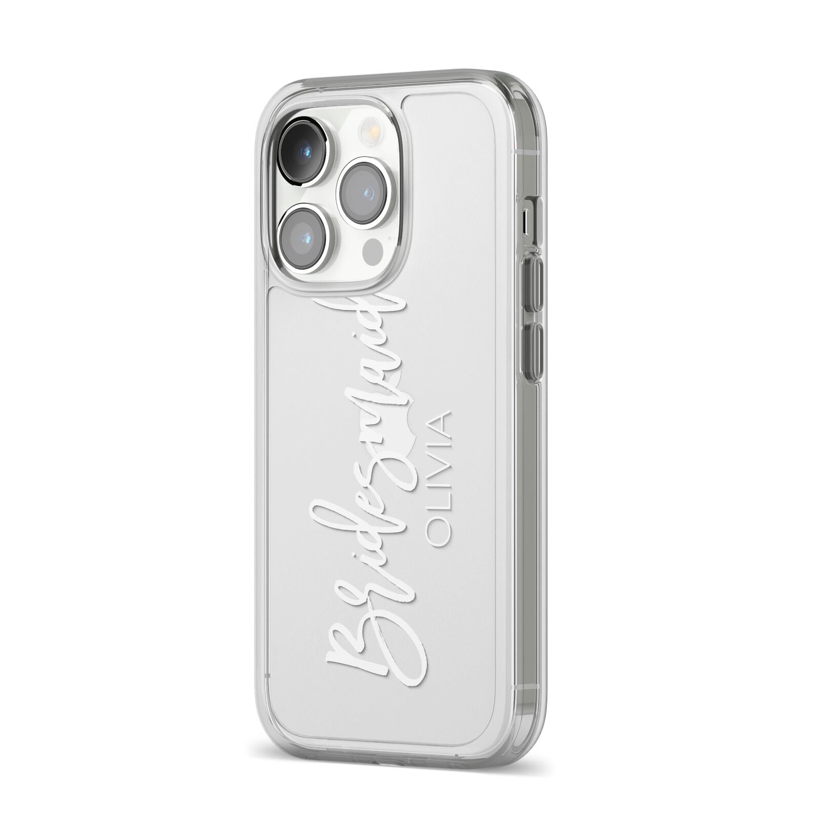 Bridesmaid Personalised iPhone 14 Pro Clear Tough Case Silver Angled Image