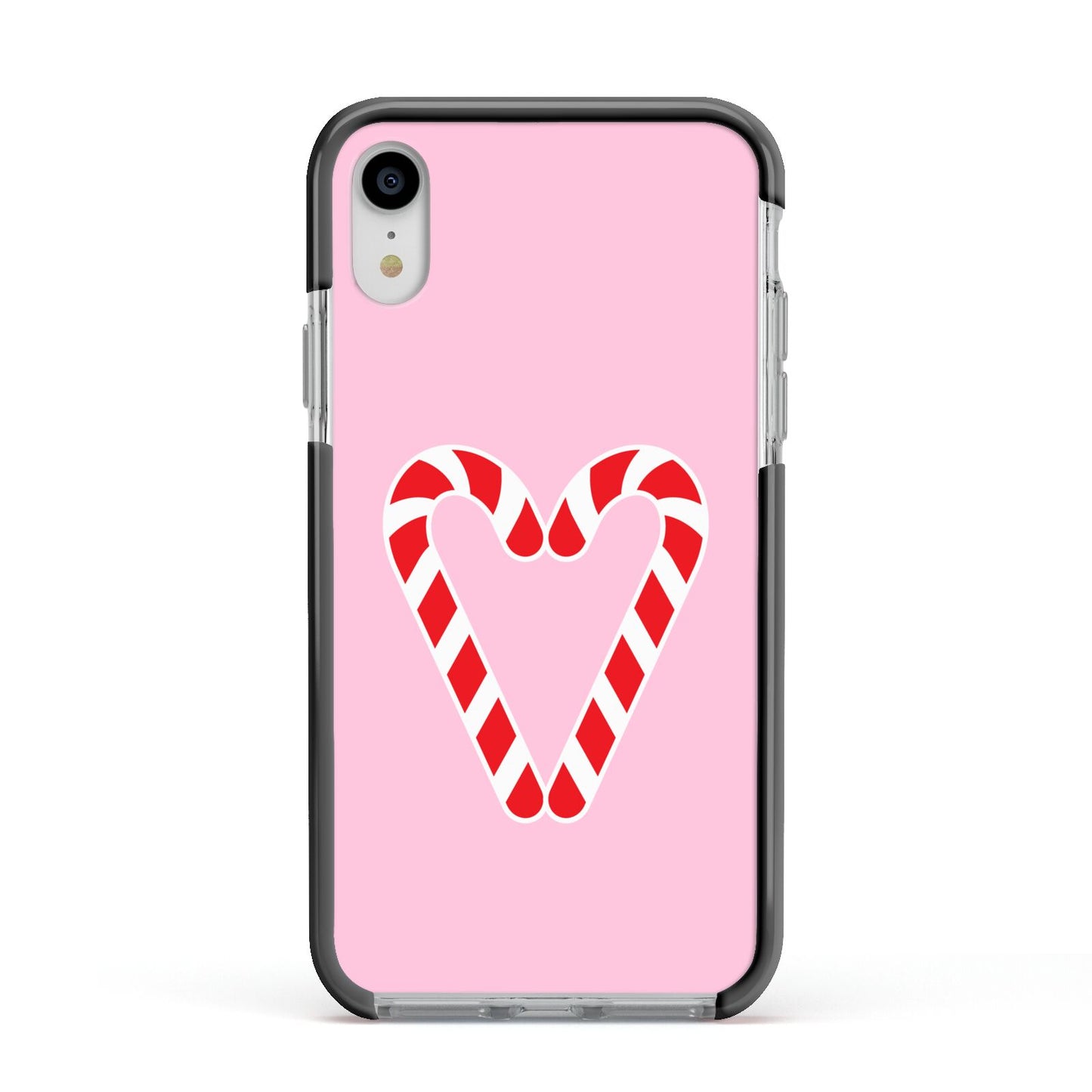 Candy Cane Heart Apple iPhone XR Impact Case Black Edge on Silver Phone
