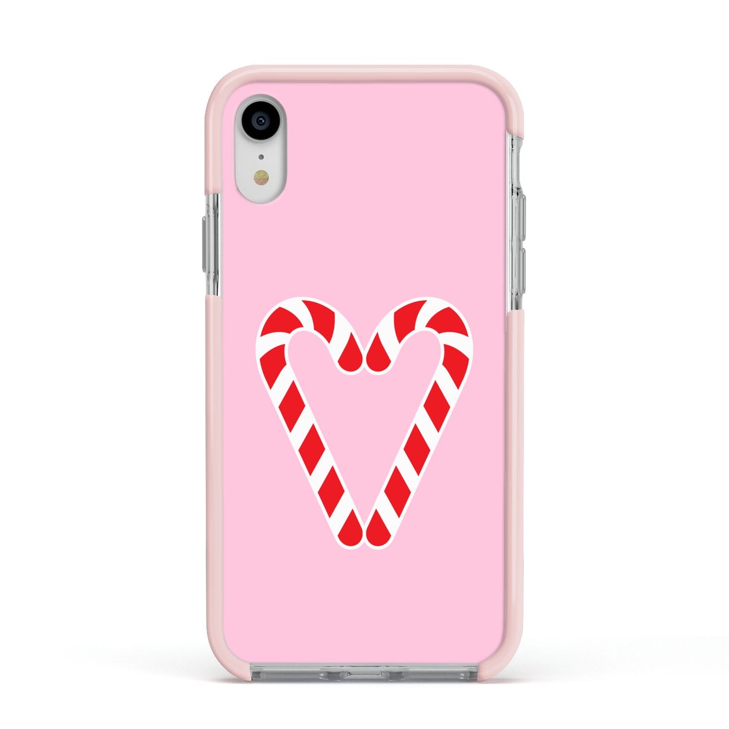 Candy Cane Heart Apple iPhone XR Impact Case Pink Edge on Silver Phone