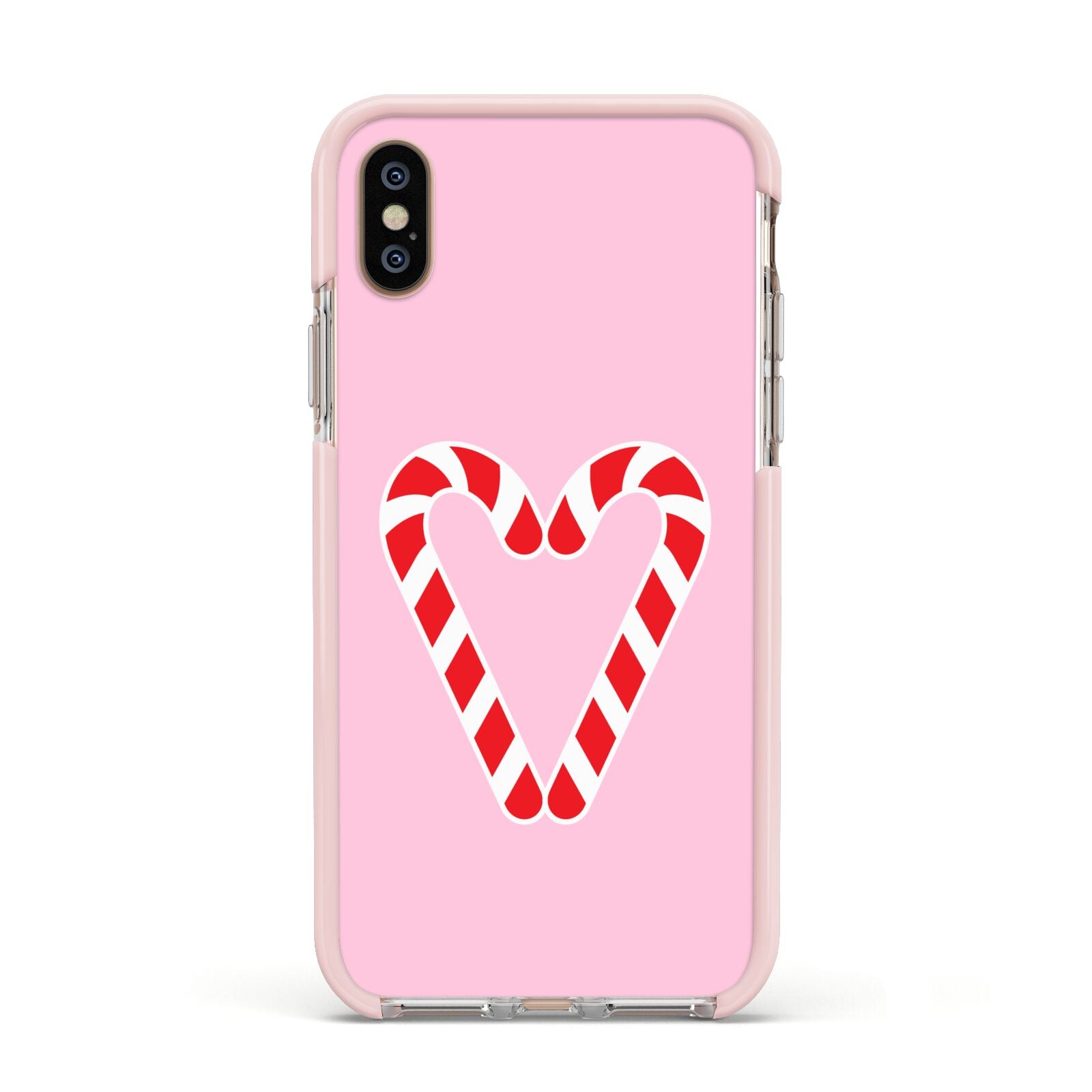 Candy Cane Heart Apple iPhone Xs Impact Case Pink Edge on Gold Phone