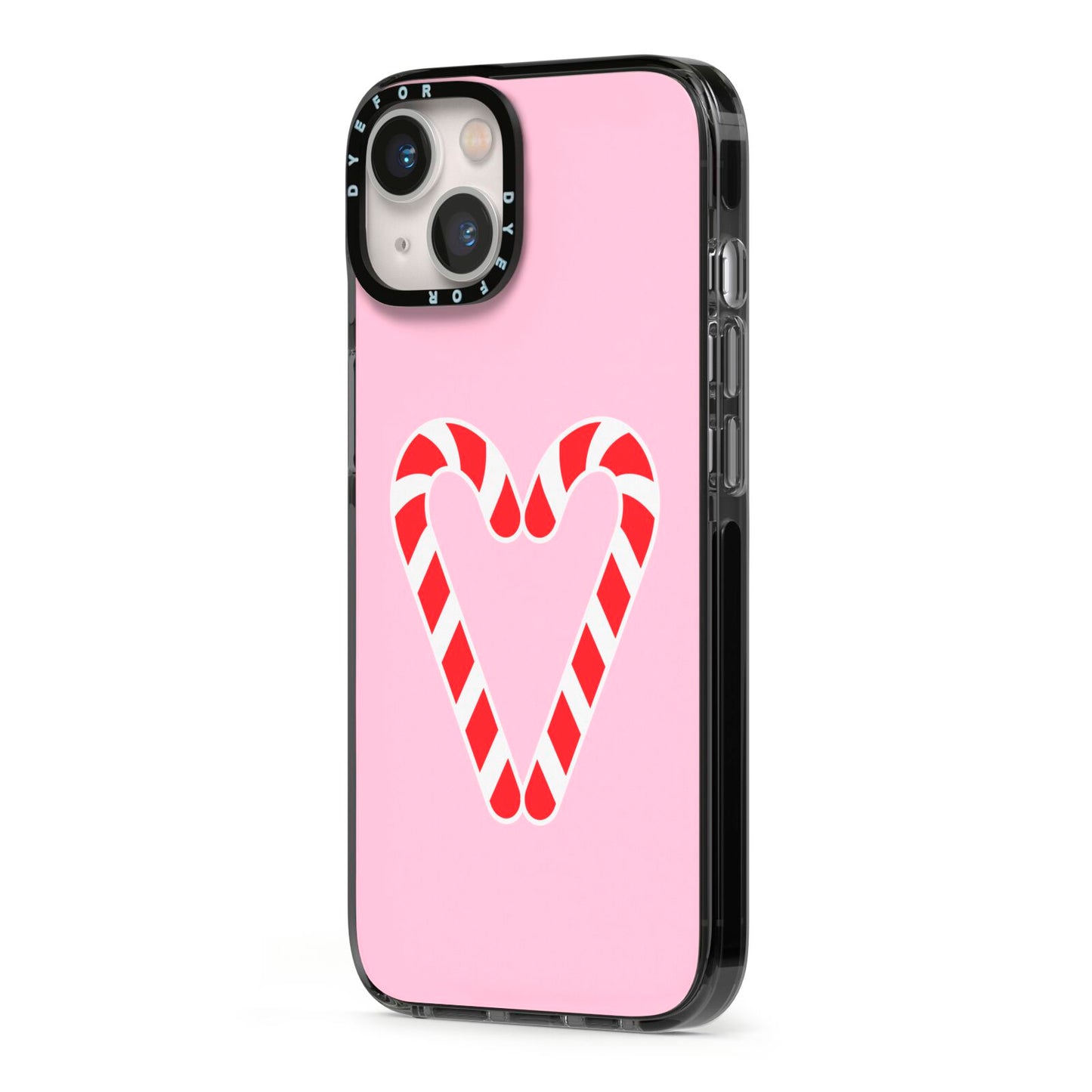 Candy Cane Heart iPhone 13 Black Impact Case Side Angle on Silver phone