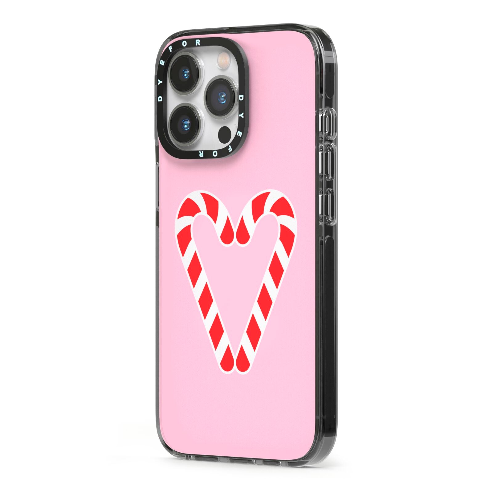 Candy Cane Heart iPhone 13 Pro Black Impact Case Side Angle on Silver phone