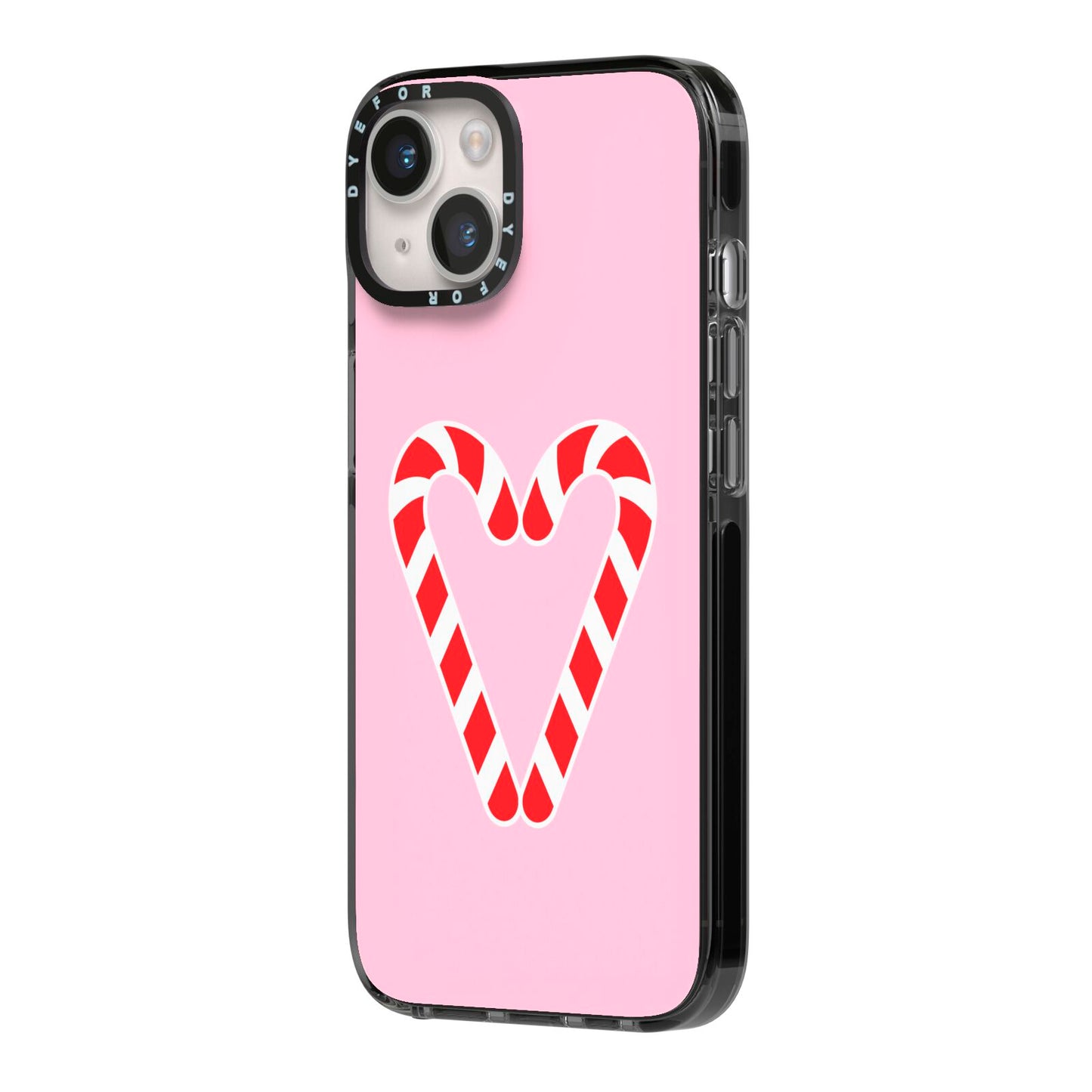 Candy Cane Heart iPhone 14 Black Impact Case Side Angle on Silver phone