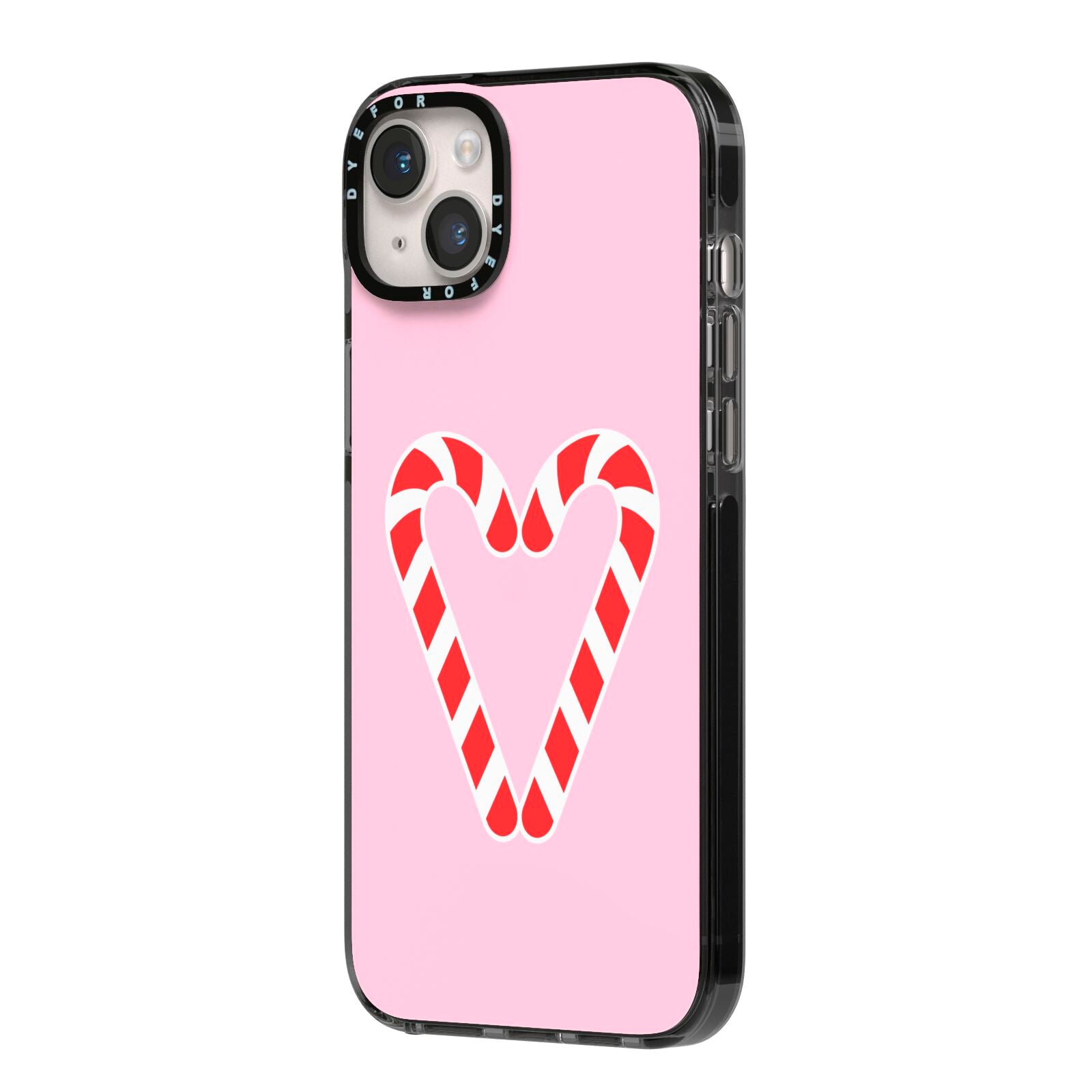 Candy Cane Heart iPhone 14 Plus Black Impact Case Side Angle on Silver phone