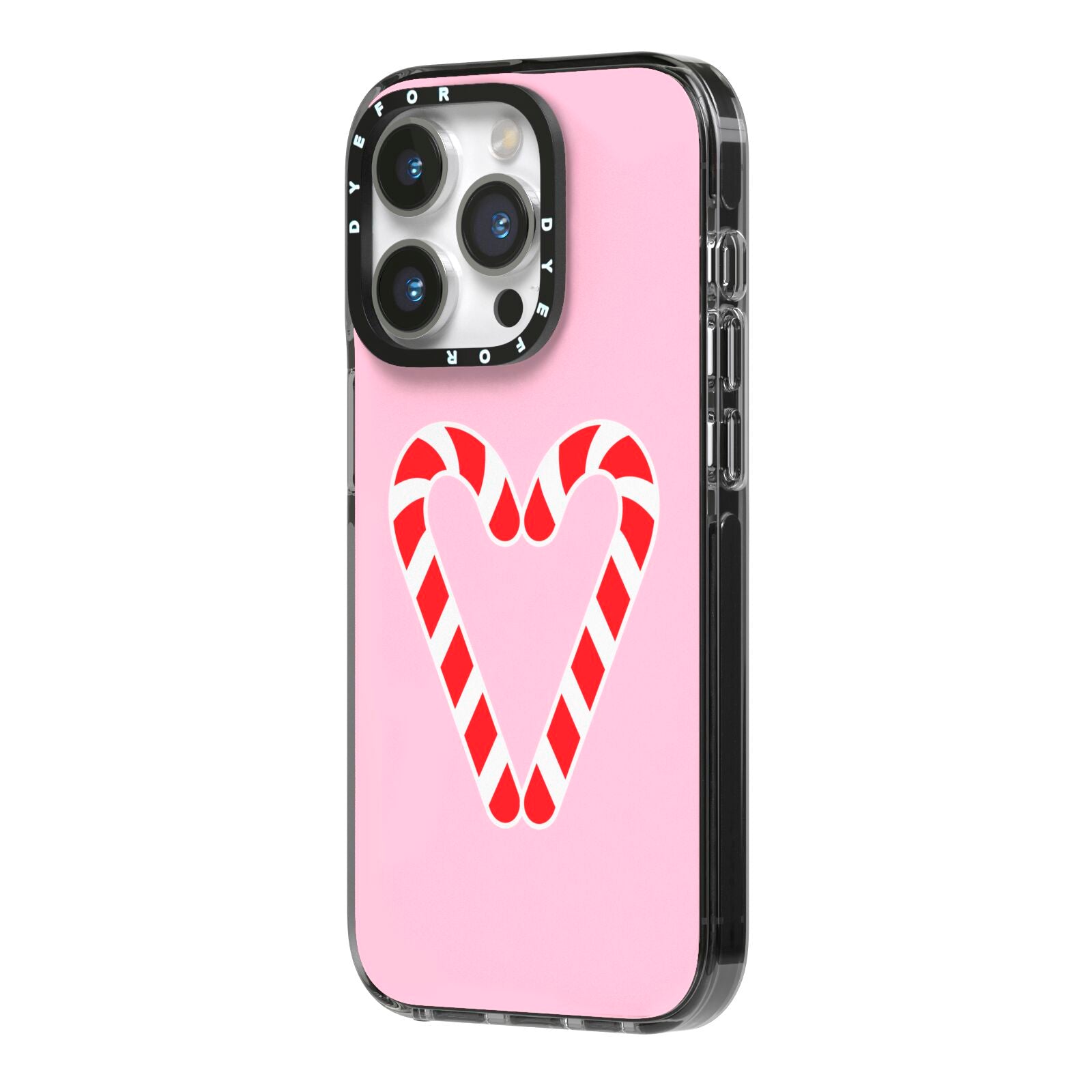 Candy Cane Heart iPhone 14 Pro Black Impact Case Side Angle on Silver phone