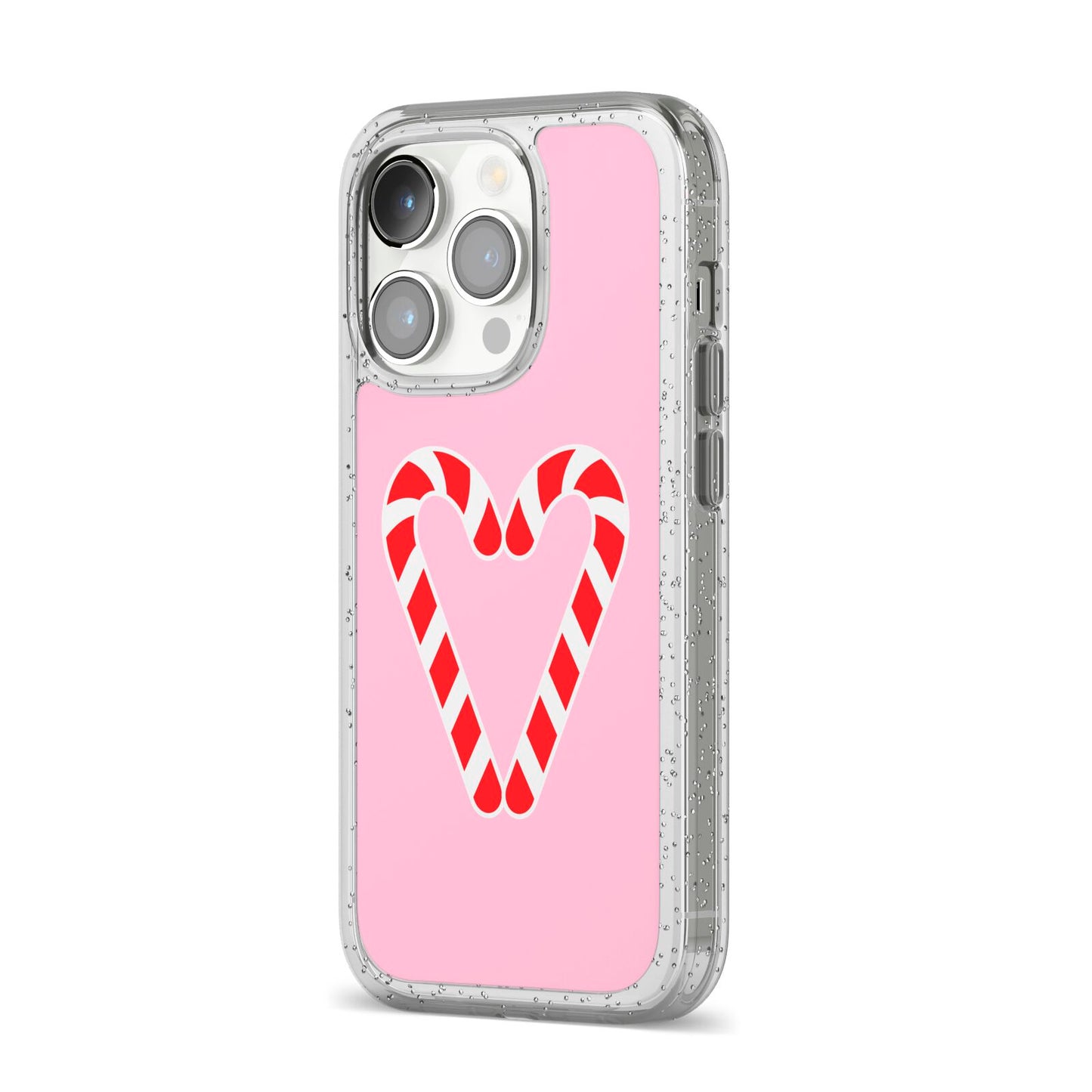 Candy Cane Heart iPhone 14 Pro Glitter Tough Case Silver Angled Image