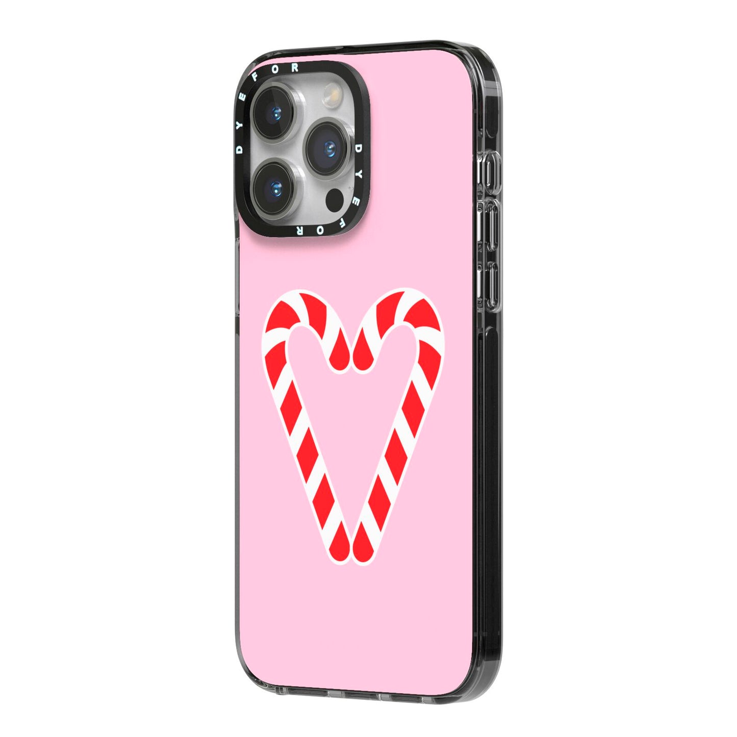 Candy Cane Heart iPhone 14 Pro Max Black Impact Case Side Angle on Silver phone