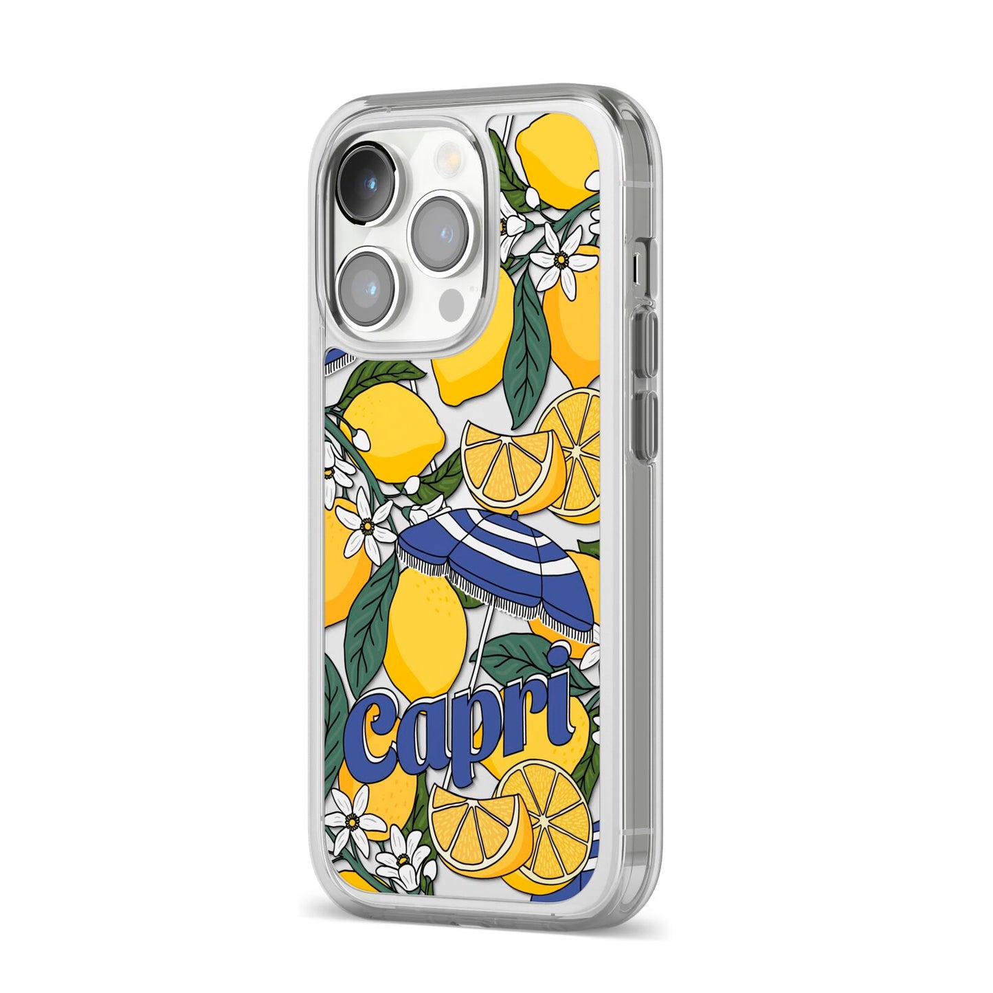 Capri iPhone 14 Pro Clear Tough Case Silver Angled Image
