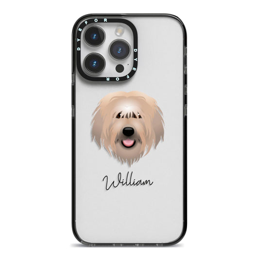 Catalan Sheepdog Personalised iPhone 14 Pro Max Black Impact Case on Silver phone