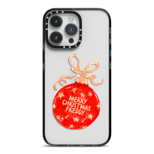 Christmas Bauble Personalised iPhone 14 Pro Max Black Impact Case on Silver phone
