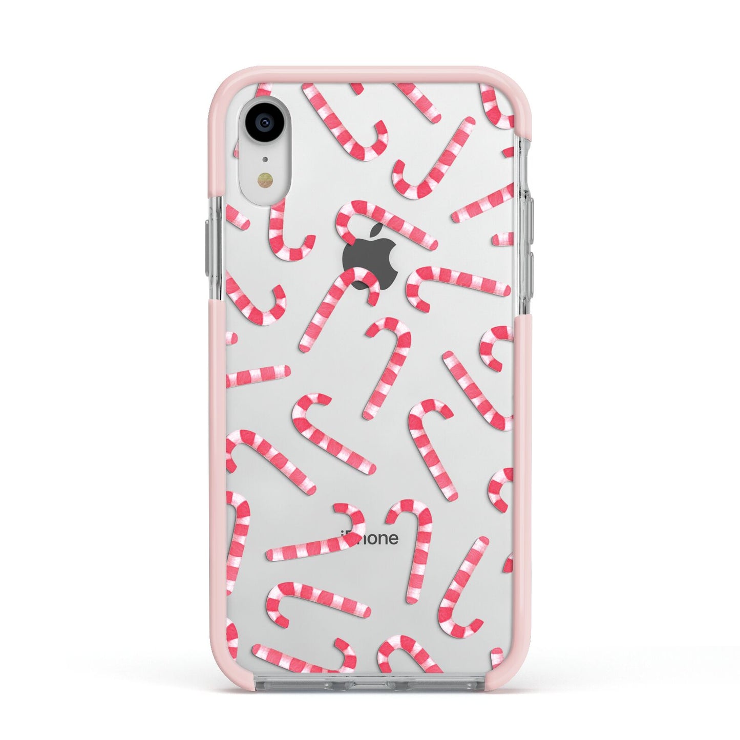 Christmas Candy Cane Apple iPhone XR Impact Case Pink Edge on Silver Phone