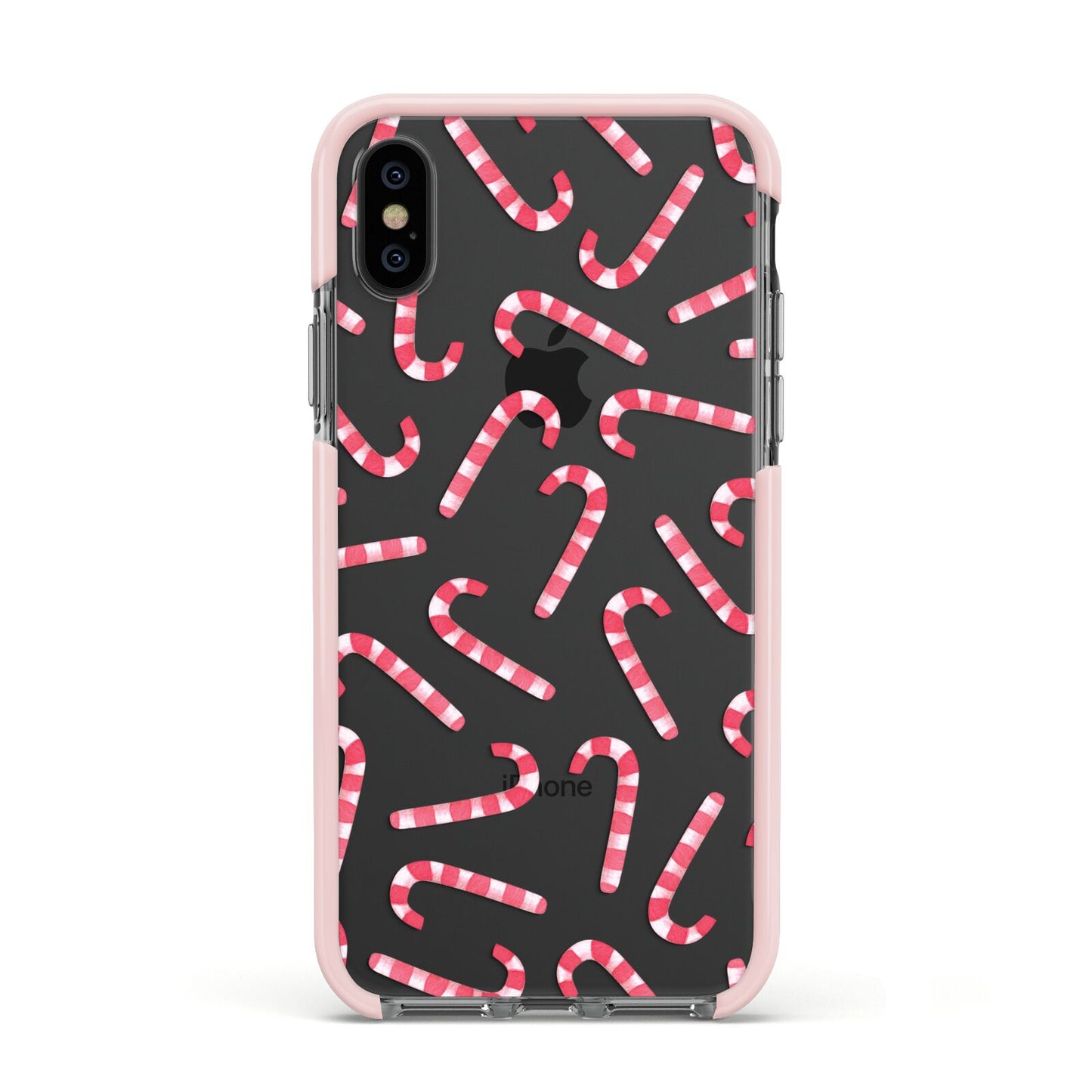 Christmas Candy Cane Apple iPhone Xs Impact Case Pink Edge on Black Phone