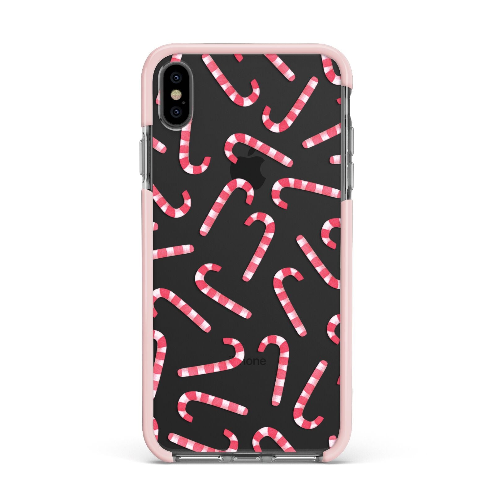 Christmas Candy Cane Apple iPhone Xs Max Impact Case Pink Edge on Black Phone