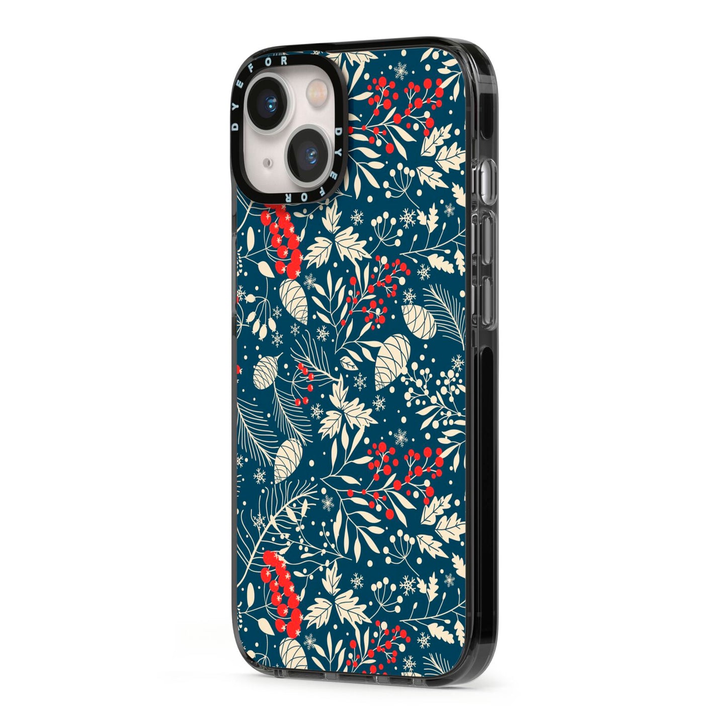 Christmas Floral iPhone 13 Black Impact Case Side Angle on Silver phone