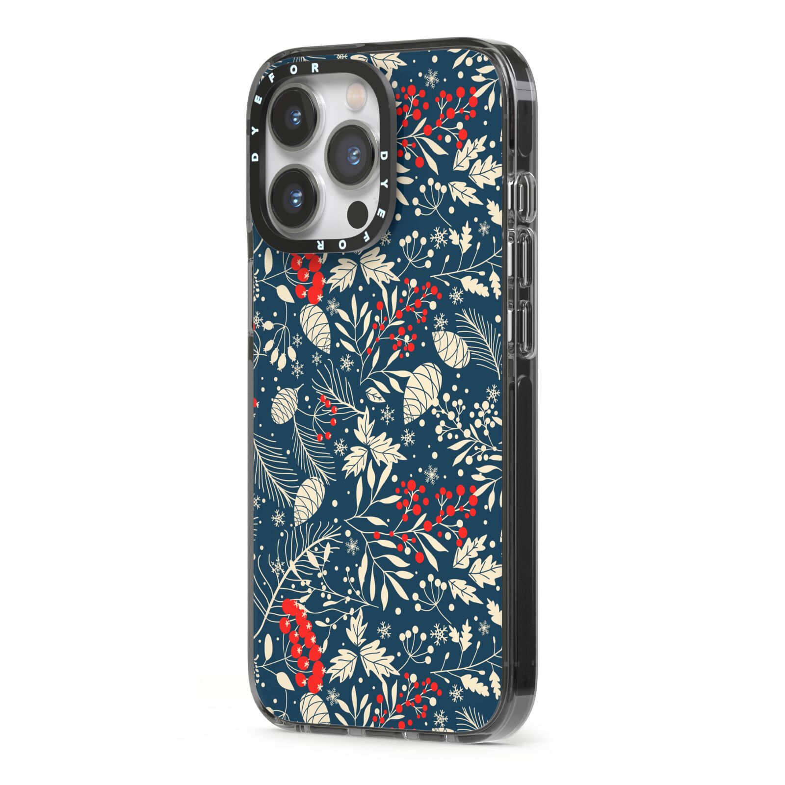 Christmas Floral iPhone 13 Pro Black Impact Case Side Angle on Silver phone