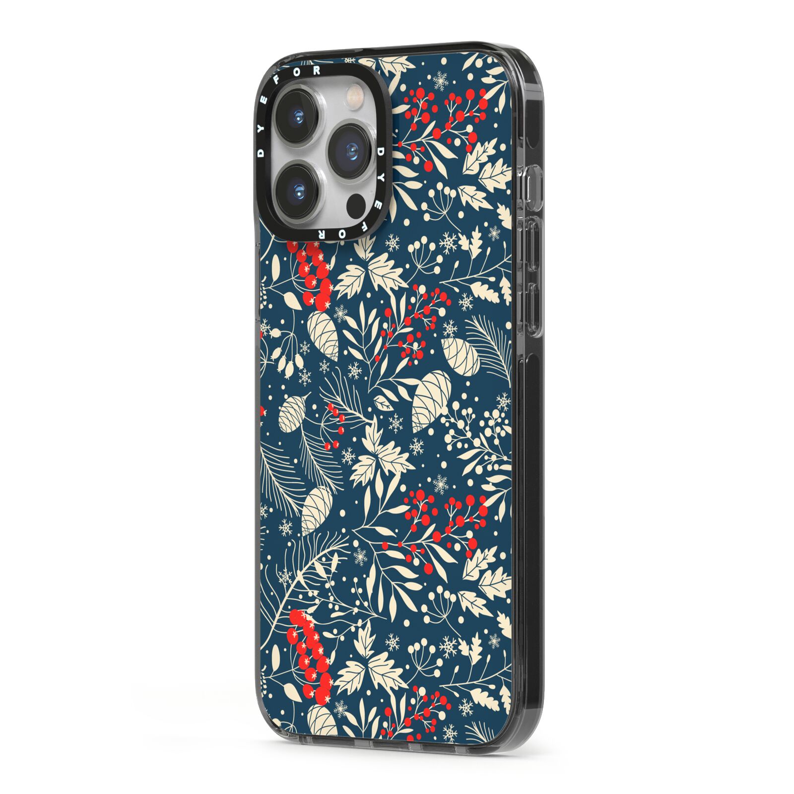 Christmas Floral iPhone 13 Pro Max Black Impact Case Side Angle on Silver phone
