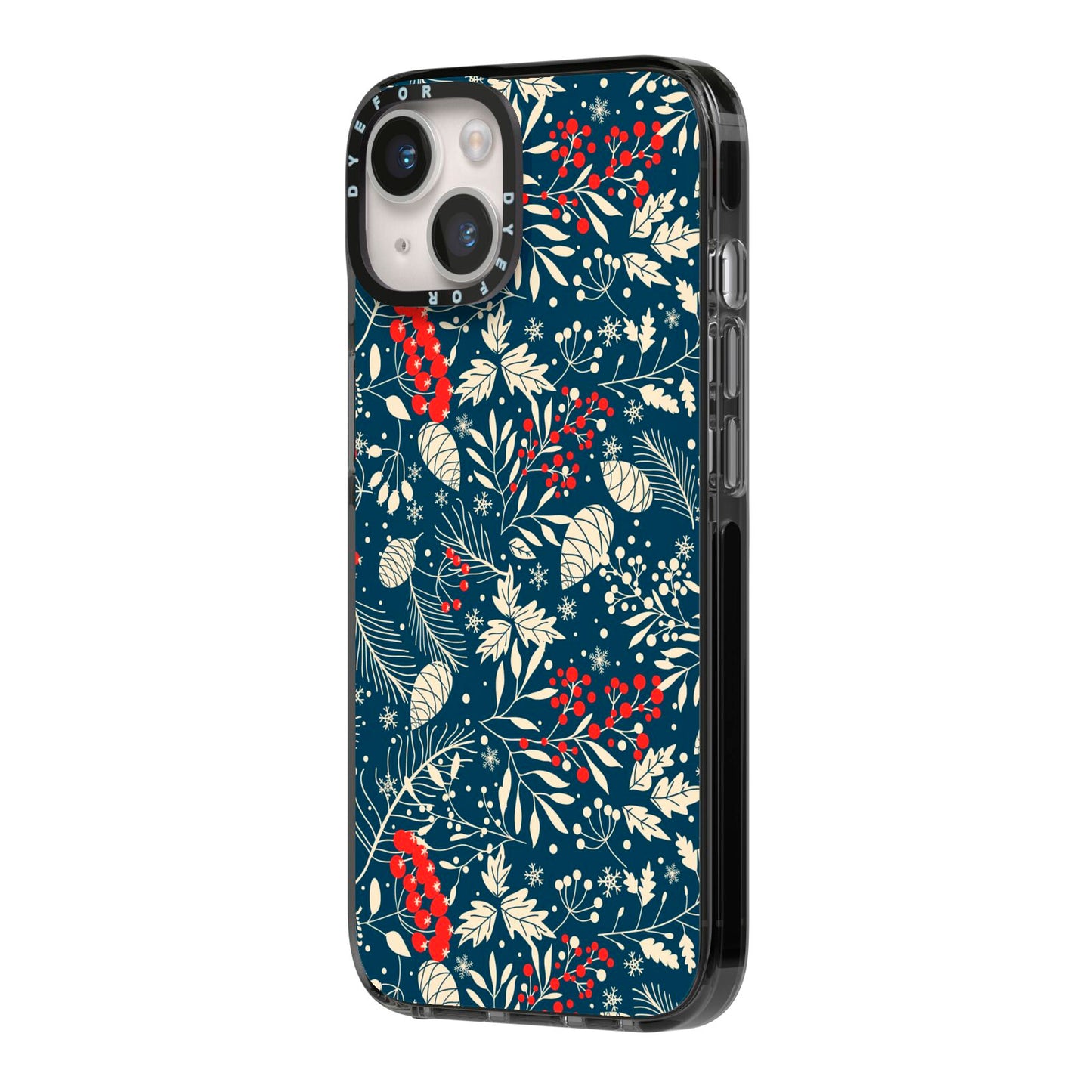 Christmas Floral iPhone 14 Black Impact Case Side Angle on Silver phone
