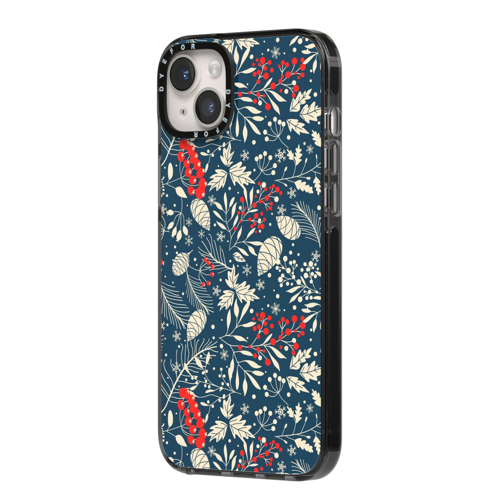 Christmas Floral iPhone 14 Plus Black Impact Case Side Angle on Silver phone