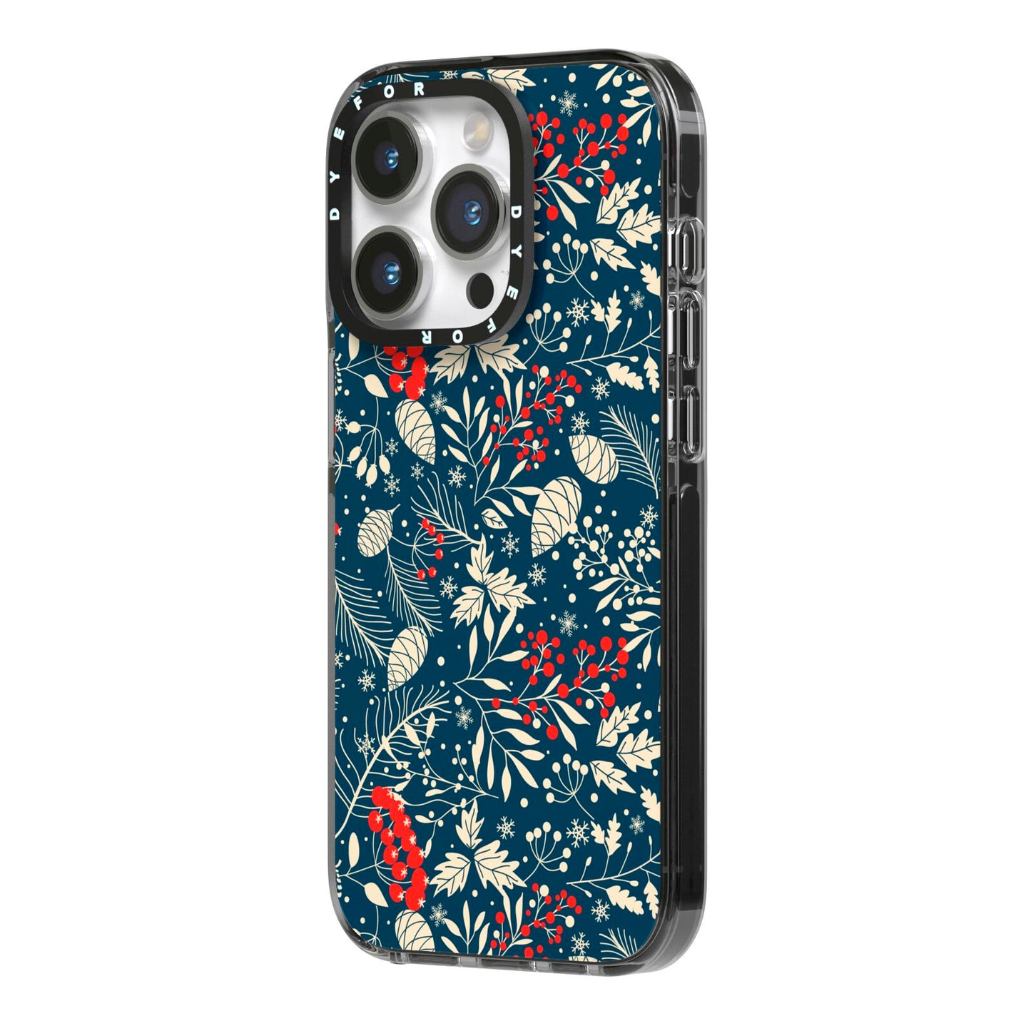 Christmas Floral iPhone 14 Pro Black Impact Case Side Angle on Silver phone