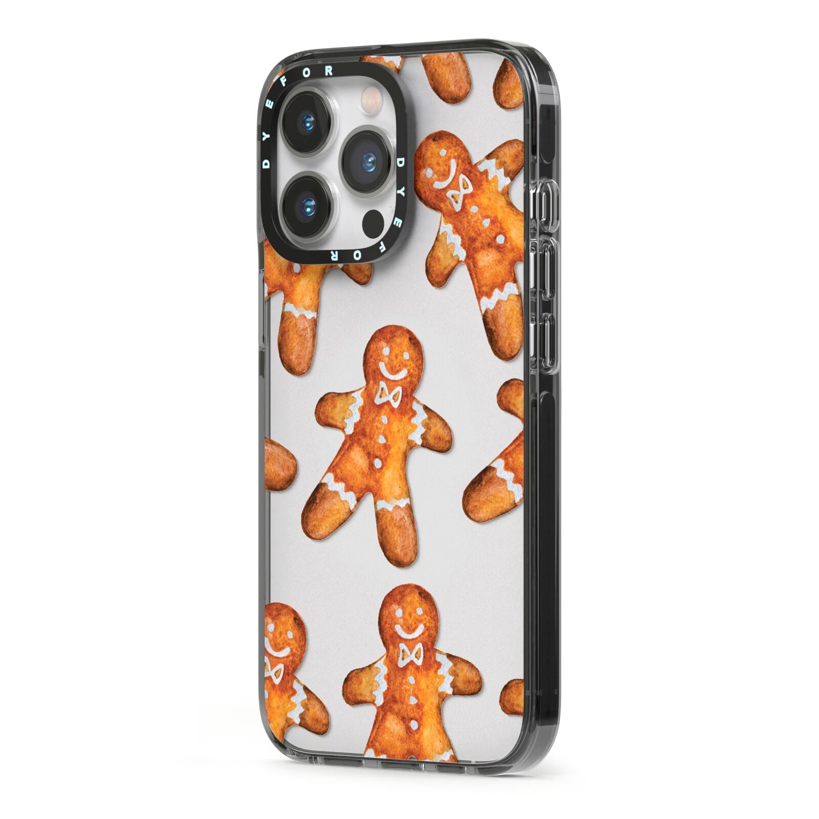 Christmas Gingerbread Man iPhone 13 Pro Black Impact Case Side Angle on Silver phone