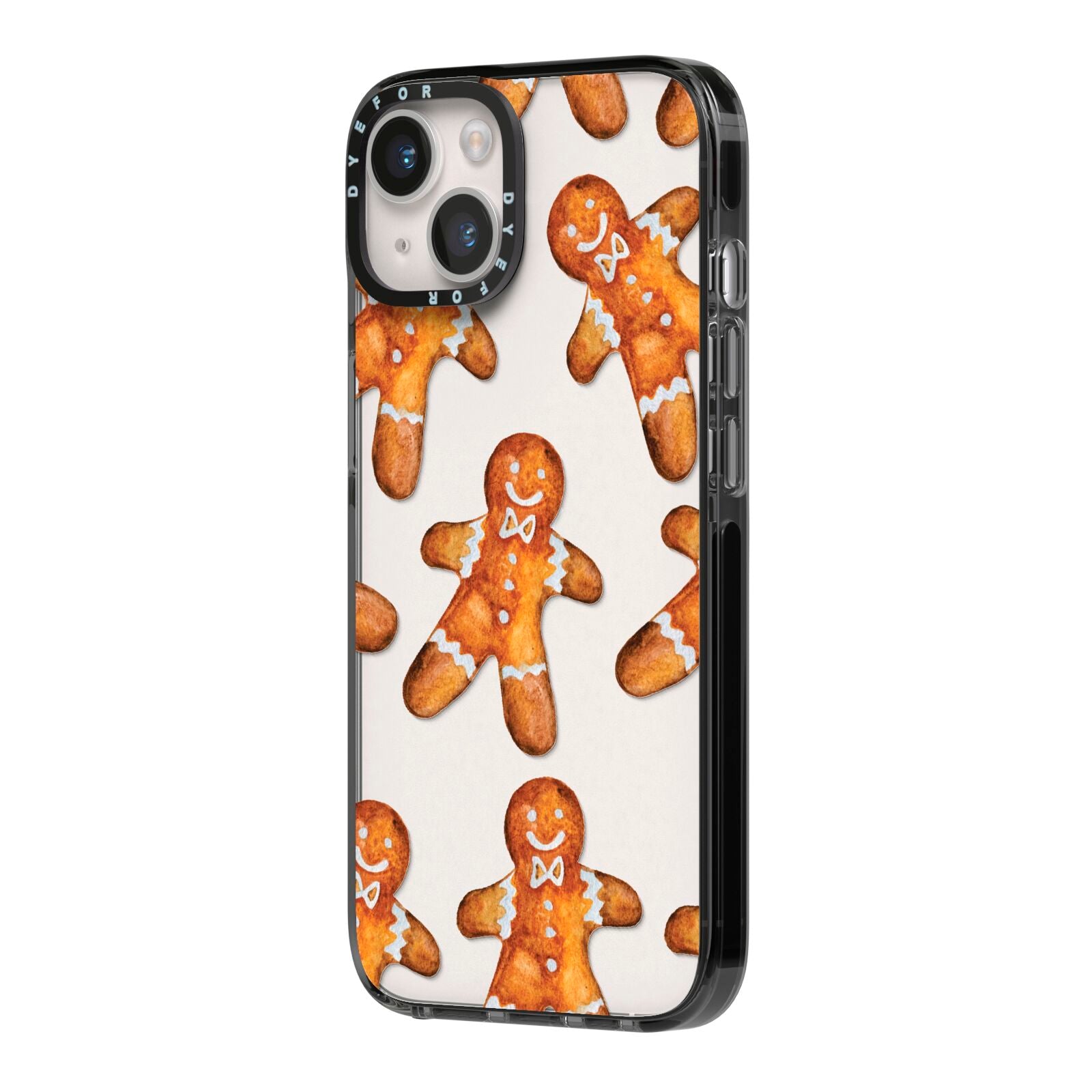 Christmas Gingerbread Man iPhone 14 Black Impact Case Side Angle on Silver phone