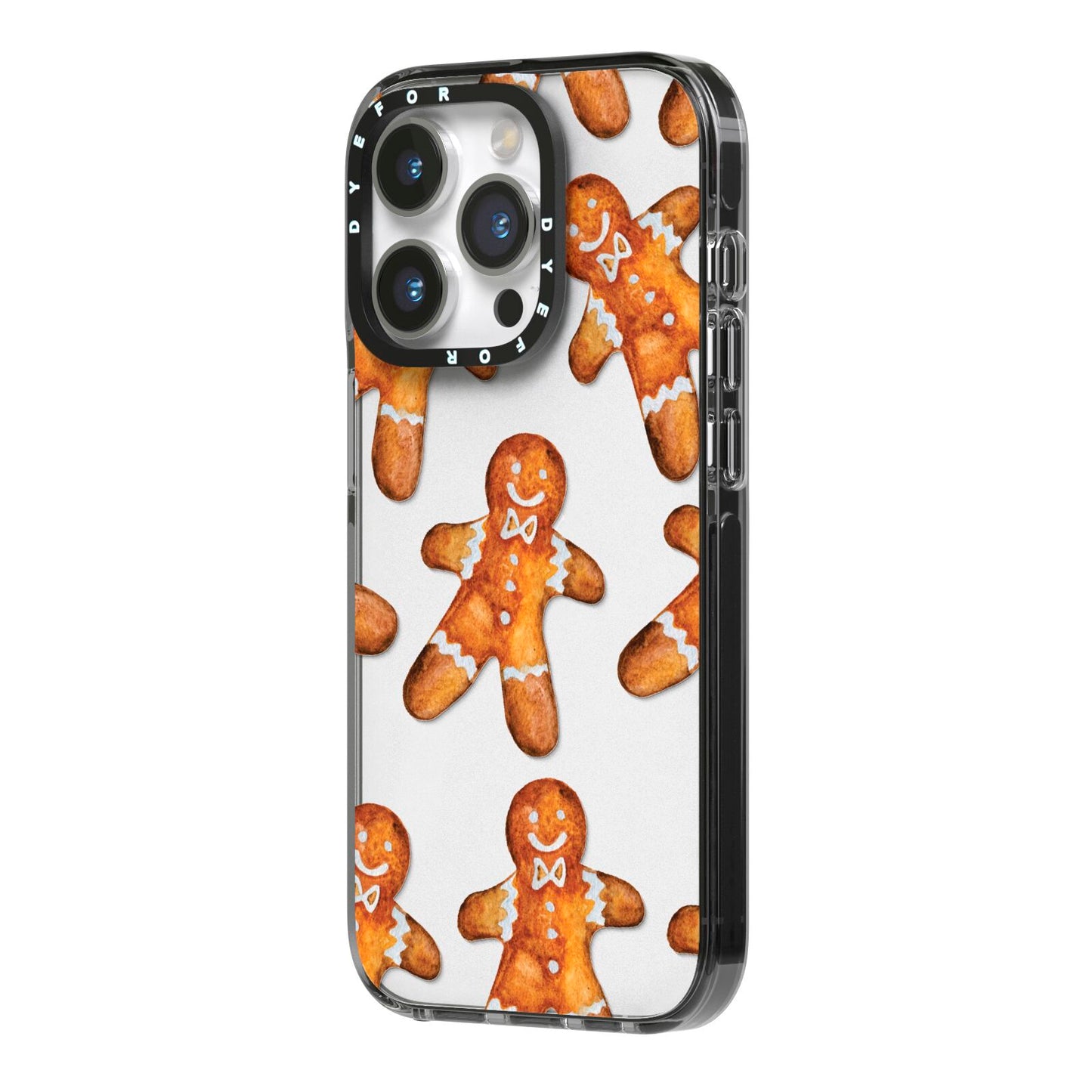Christmas Gingerbread Man iPhone 14 Pro Black Impact Case Side Angle on Silver phone