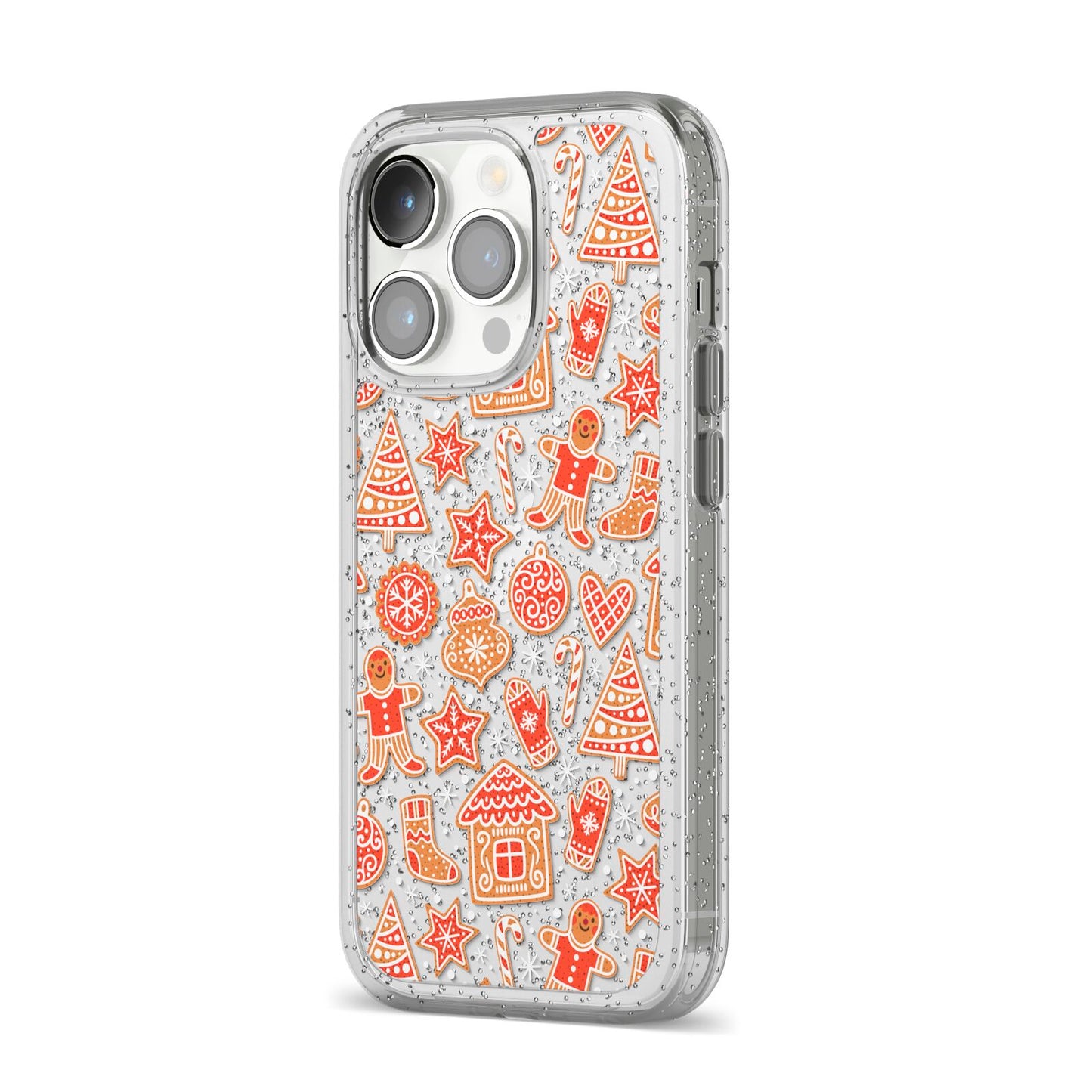 Christmas Gingerbread iPhone 14 Pro Glitter Tough Case Silver Angled Image