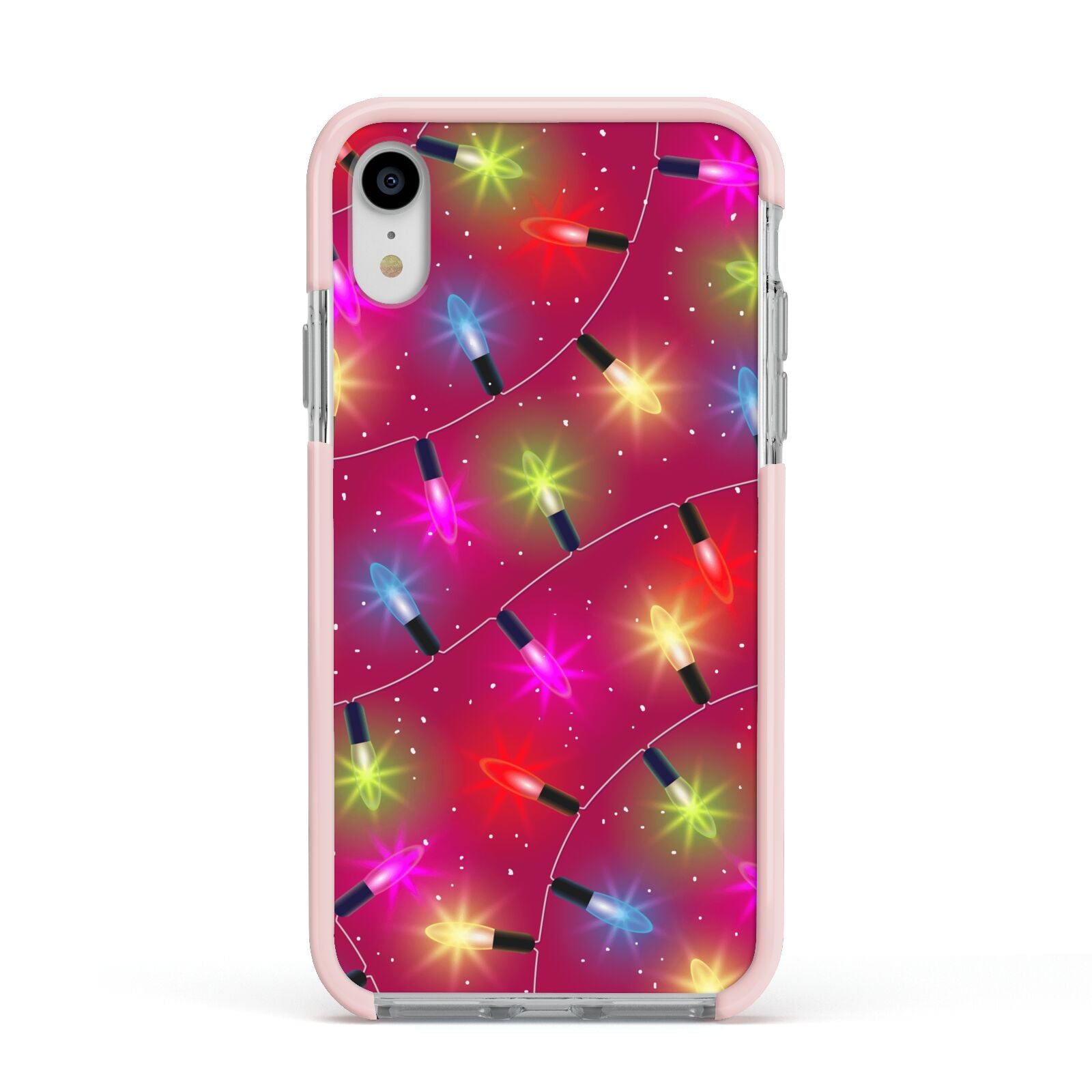 Christmas Lights Apple iPhone XR Impact Case Pink Edge on Silver Phone