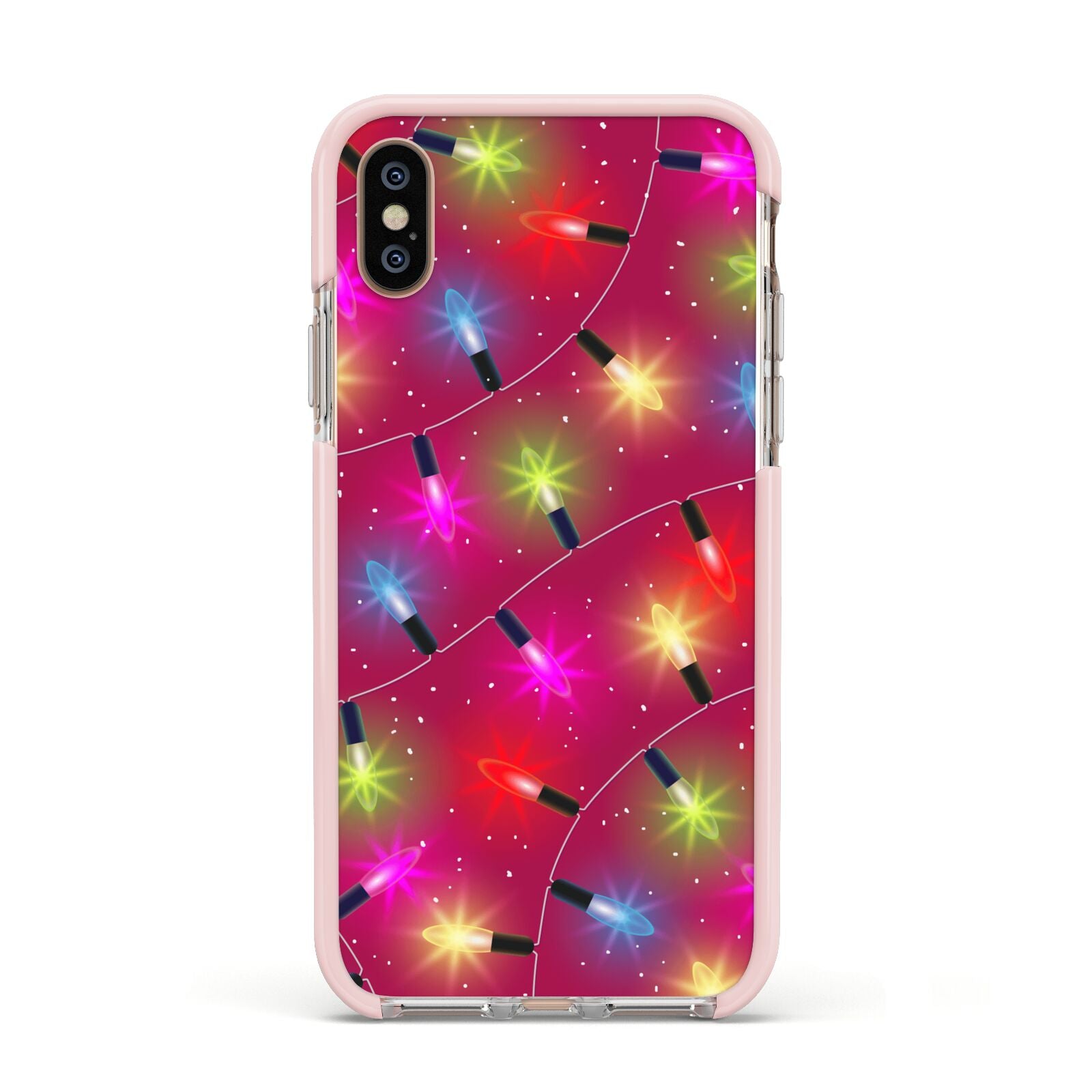 Christmas Lights Apple iPhone Xs Impact Case Pink Edge on Gold Phone
