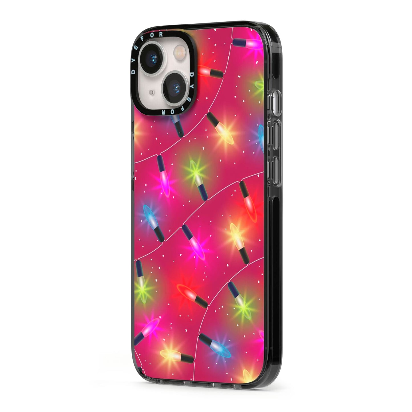 Christmas Lights iPhone 13 Black Impact Case Side Angle on Silver phone