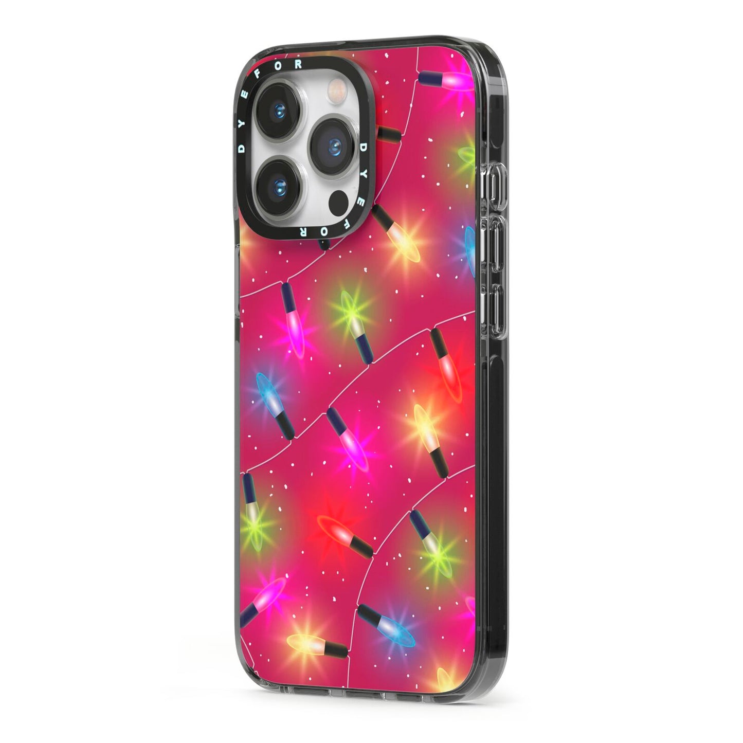 Christmas Lights iPhone 13 Pro Black Impact Case Side Angle on Silver phone