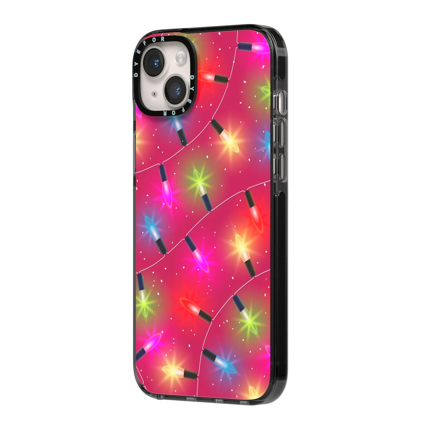 Christmas Lights iPhone 14 Plus Black Impact Case Side Angle on Silver phone