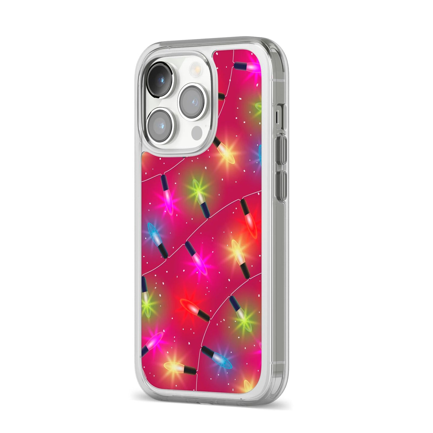 Christmas Lights iPhone 14 Pro Clear Tough Case Silver Angled Image