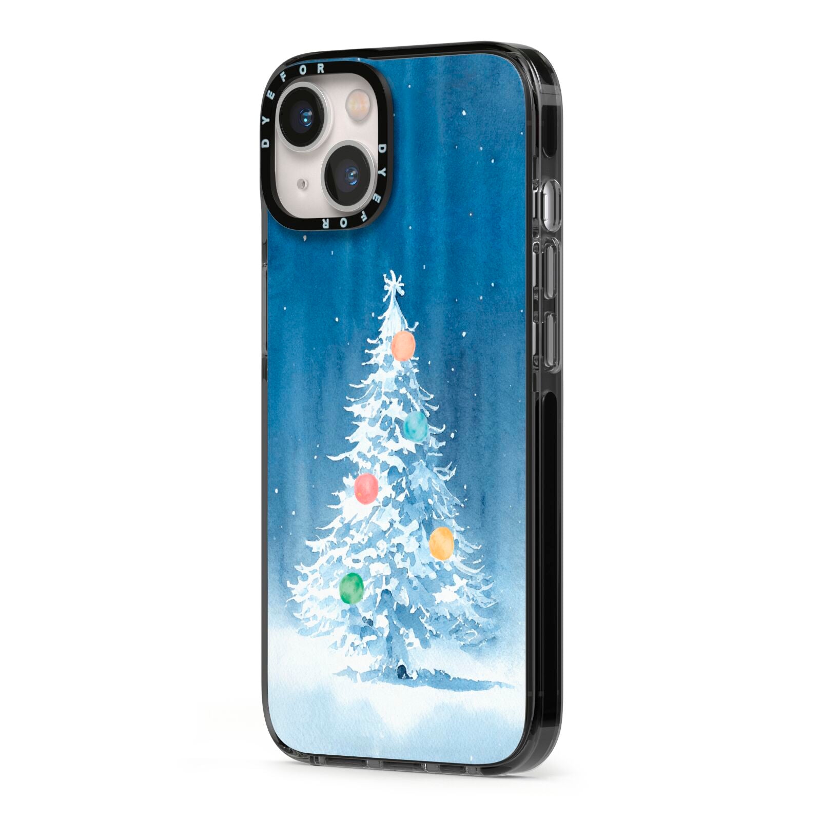 Christmas Tree iPhone 13 Black Impact Case Side Angle on Silver phone