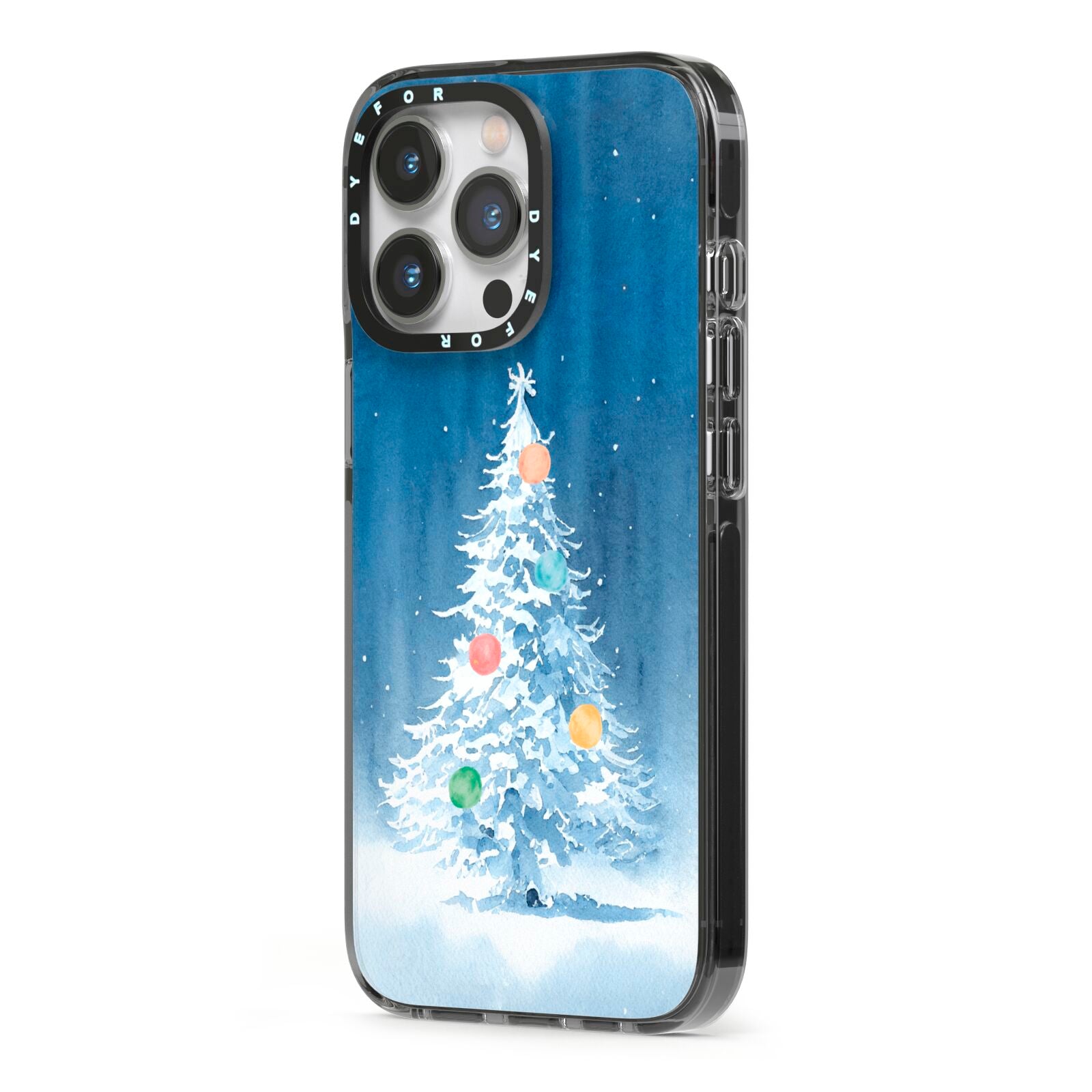 Christmas Tree iPhone 13 Pro Black Impact Case Side Angle on Silver phone