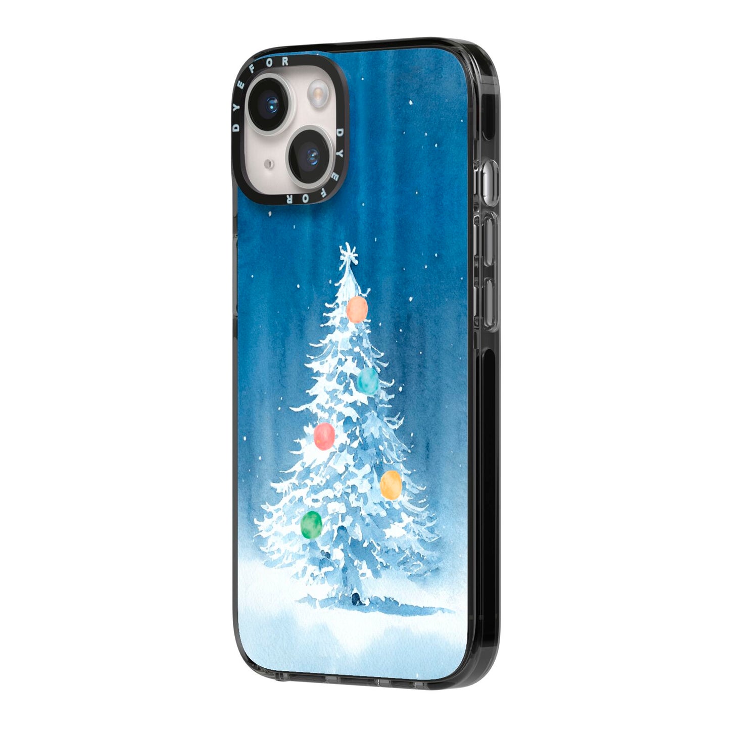 Christmas Tree iPhone 14 Black Impact Case Side Angle on Silver phone