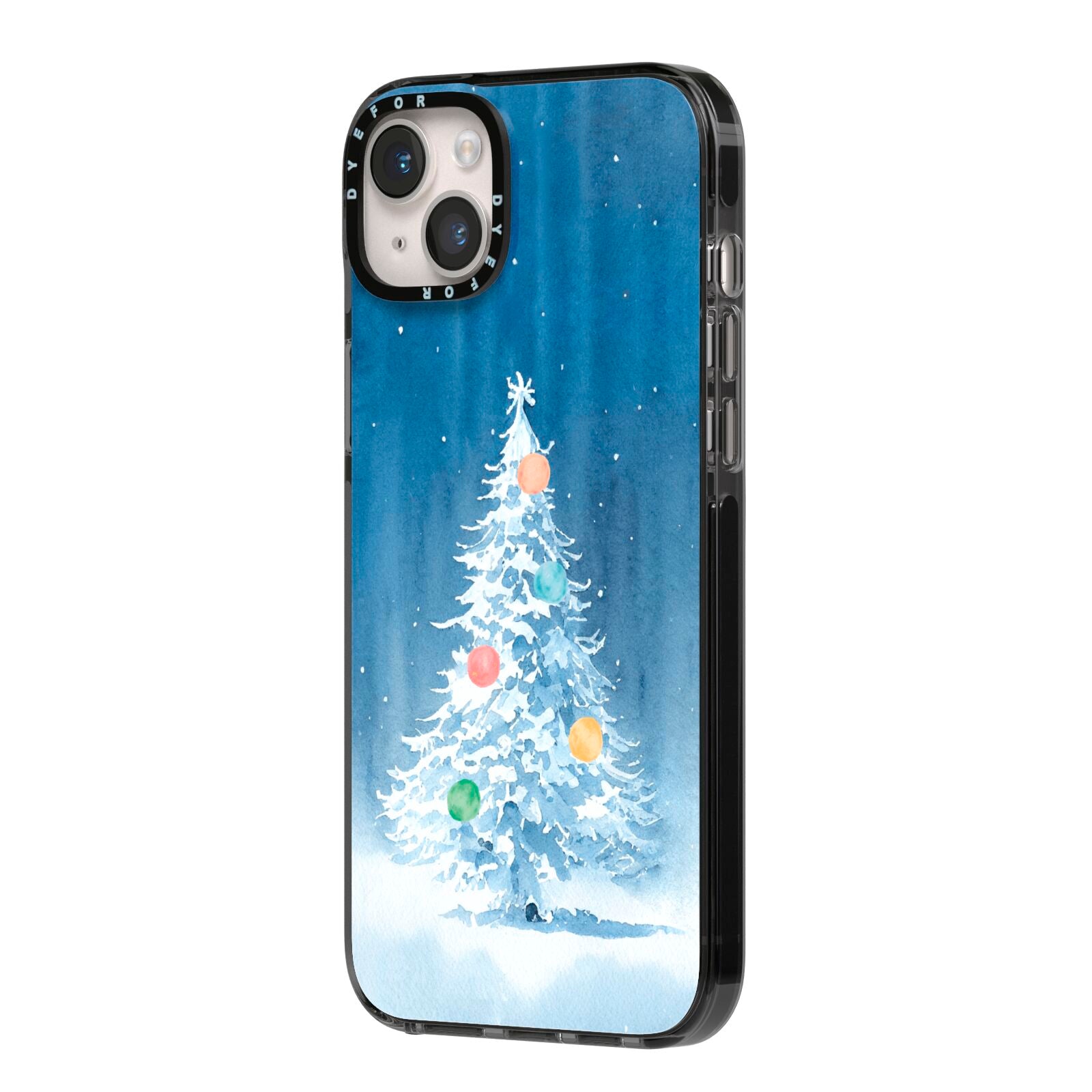 Christmas Tree iPhone 14 Plus Black Impact Case Side Angle on Silver phone