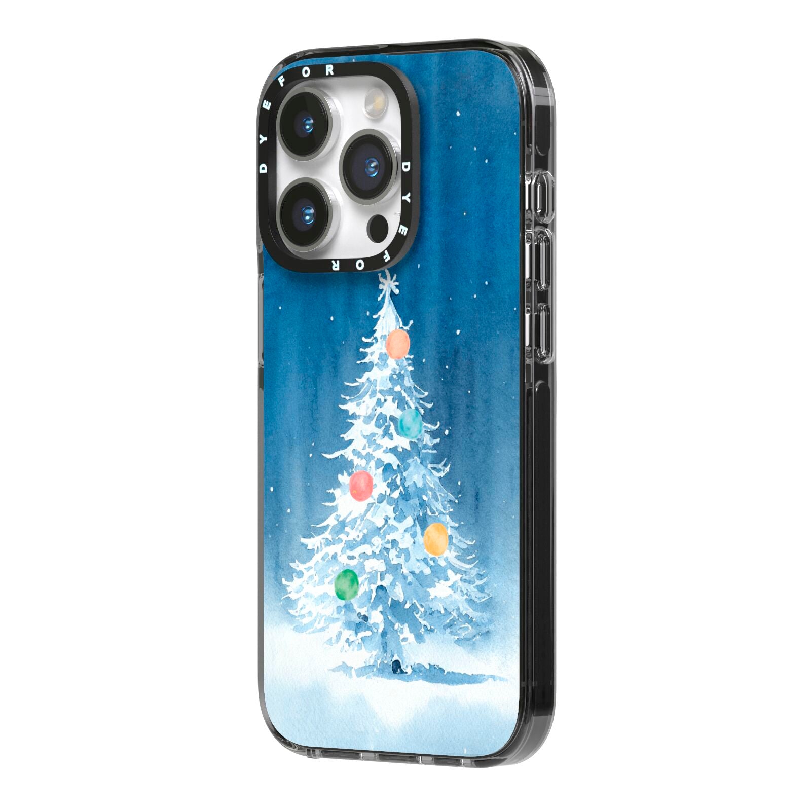 Christmas Tree iPhone 14 Pro Black Impact Case Side Angle on Silver phone