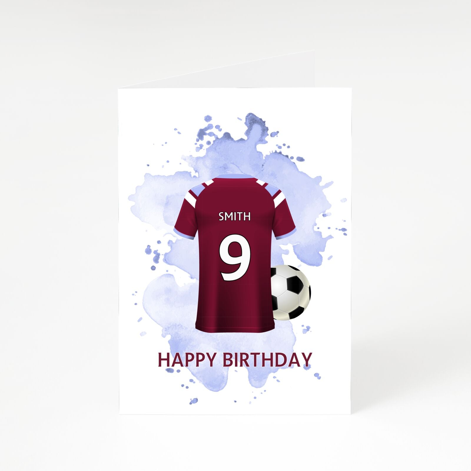 Claret and Blue Football Shirt Personalised A5 Greetings Card