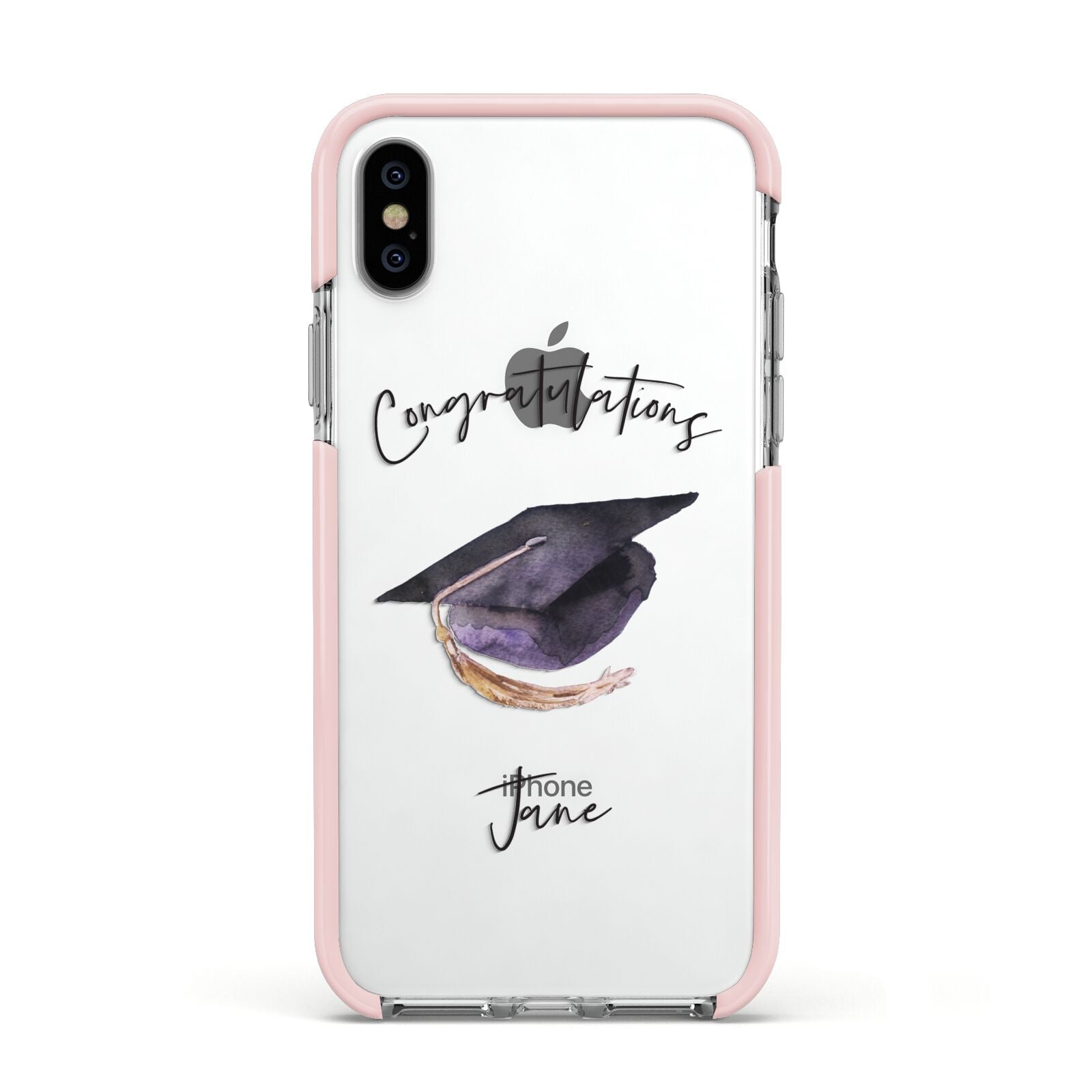 Congratulations Graduate Custom Apple iPhone Xs Impact Case Pink Edge on Silver Phone