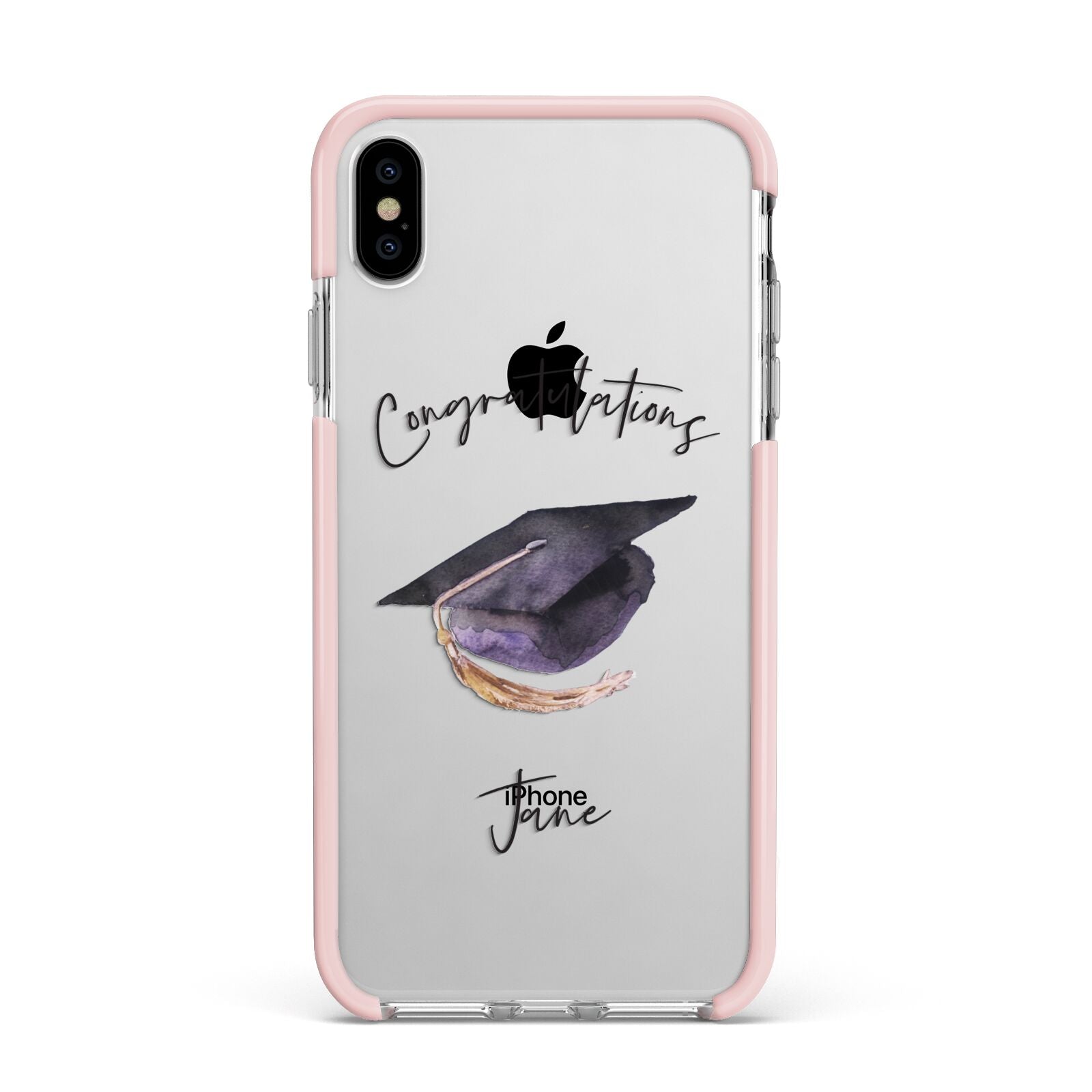 Congratulations Graduate Custom Apple iPhone Xs Max Impact Case Pink Edge on Silver Phone