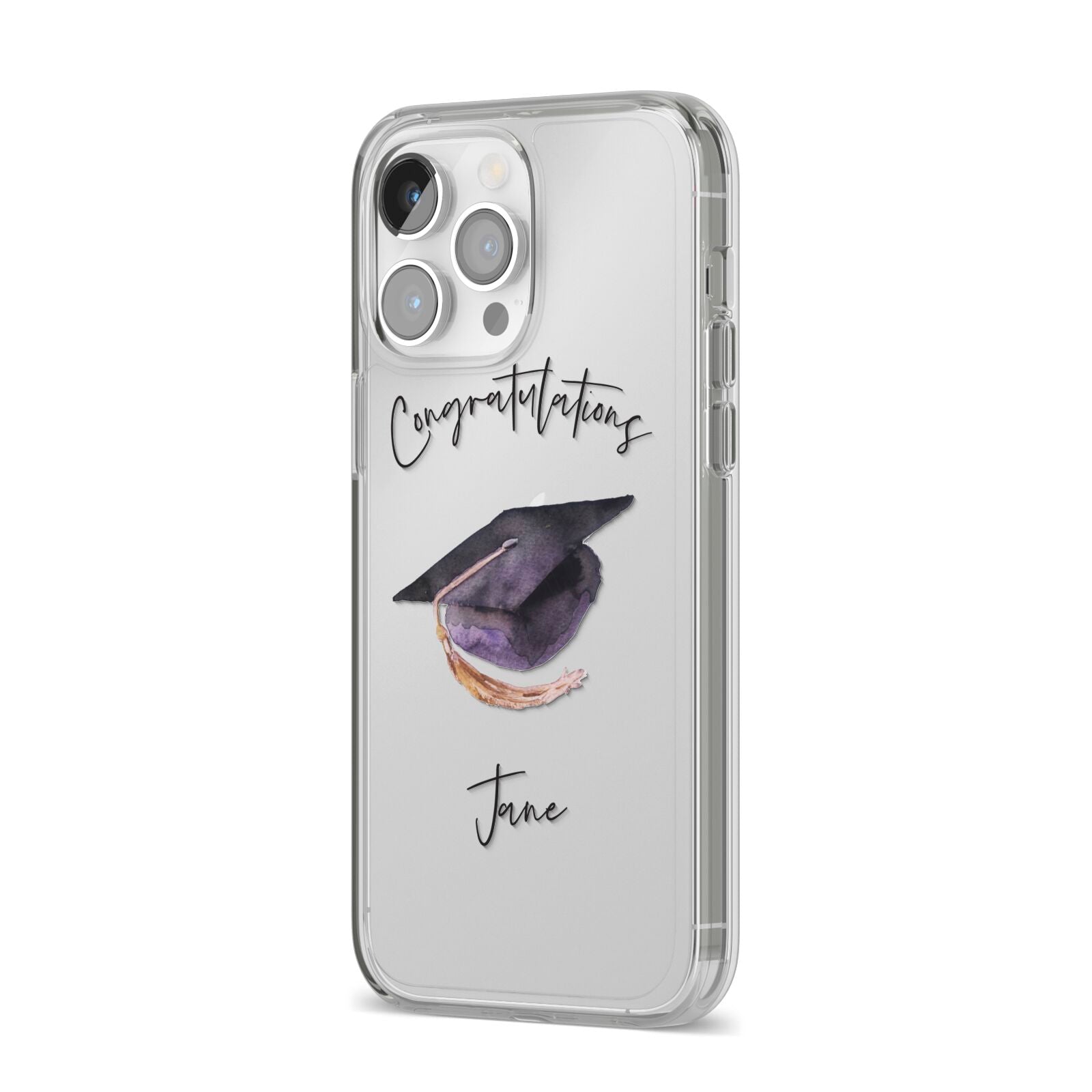 Congratulations Graduate Custom iPhone 14 Pro Max Clear Tough Case Silver Angled Image