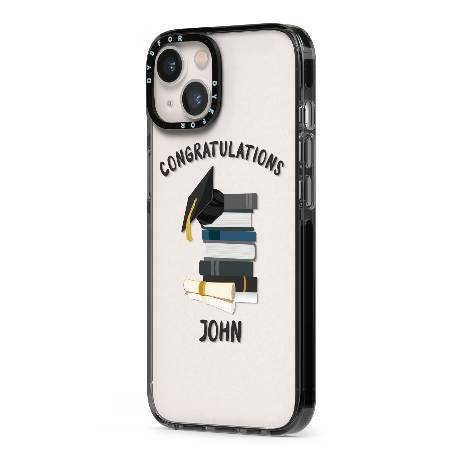 Congratulations Graduate iPhone 13 Black Impact Case Side Angle on Silver phone