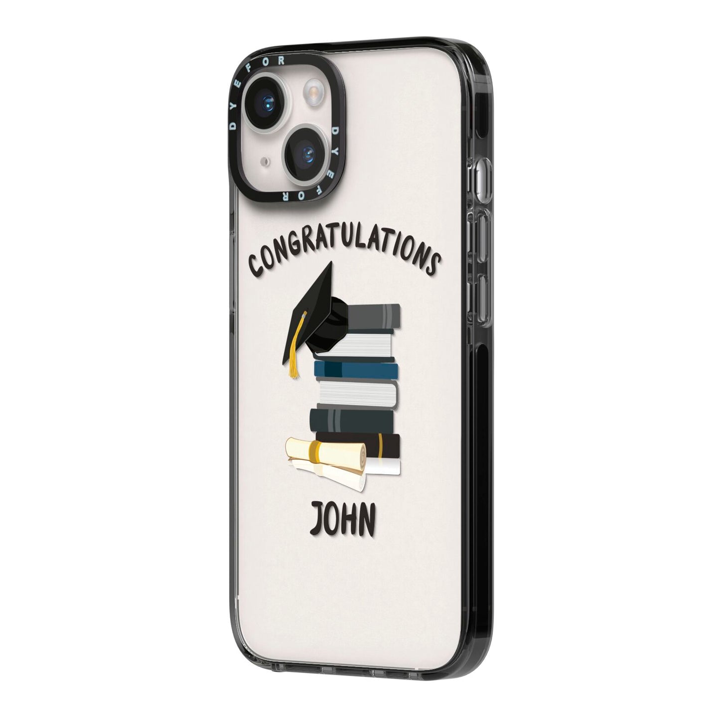 Congratulations Graduate iPhone 14 Black Impact Case Side Angle on Silver phone